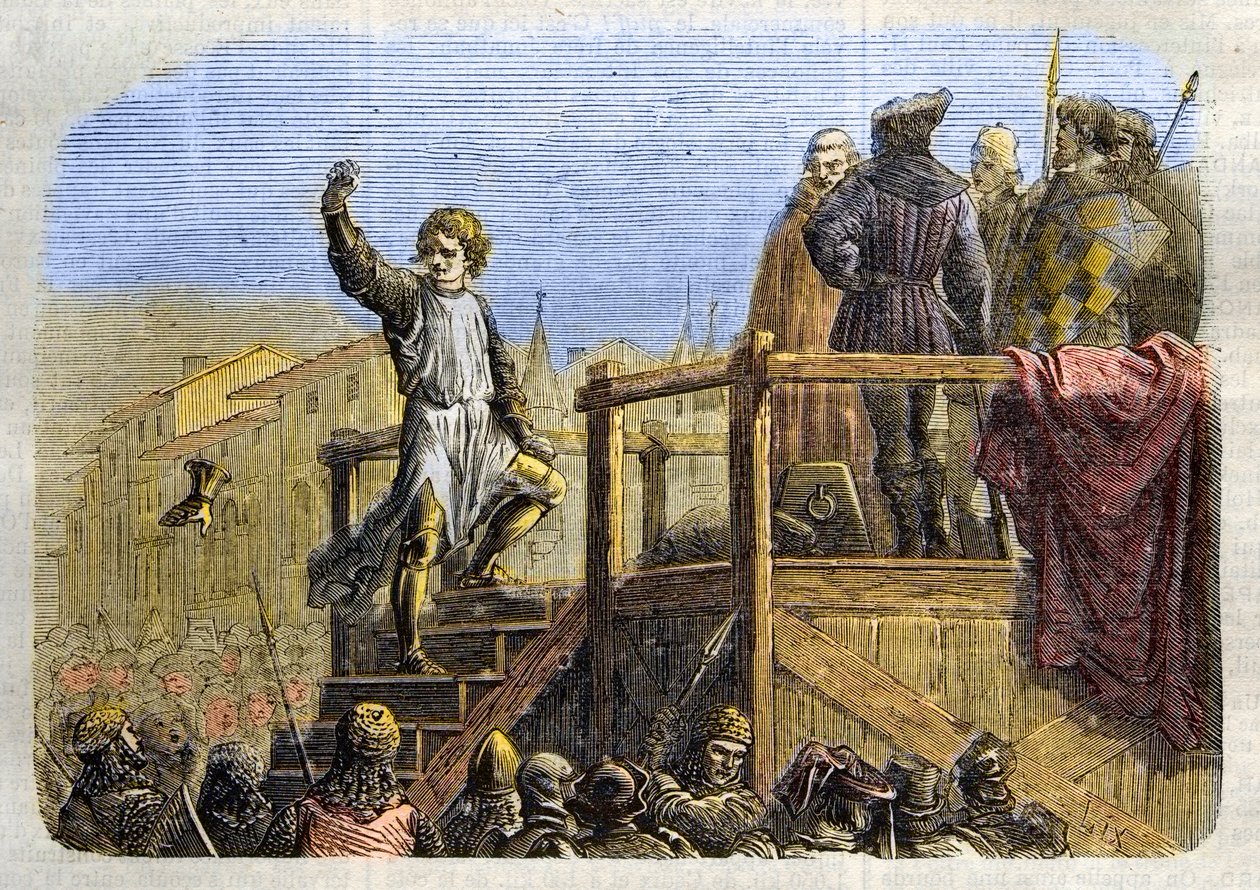 Konradin (vagy Hohenstaufeni Konrád) szicíliai király és sváb herceg (1252-1268) kivégzése Anjou Károly parancsára az 1268-as tagliacozzói csata után” (Konradin (vagy Konrád ifjabb), utolsó Staufer király kivégzése Szicília, követve alkotó: Unknown artist