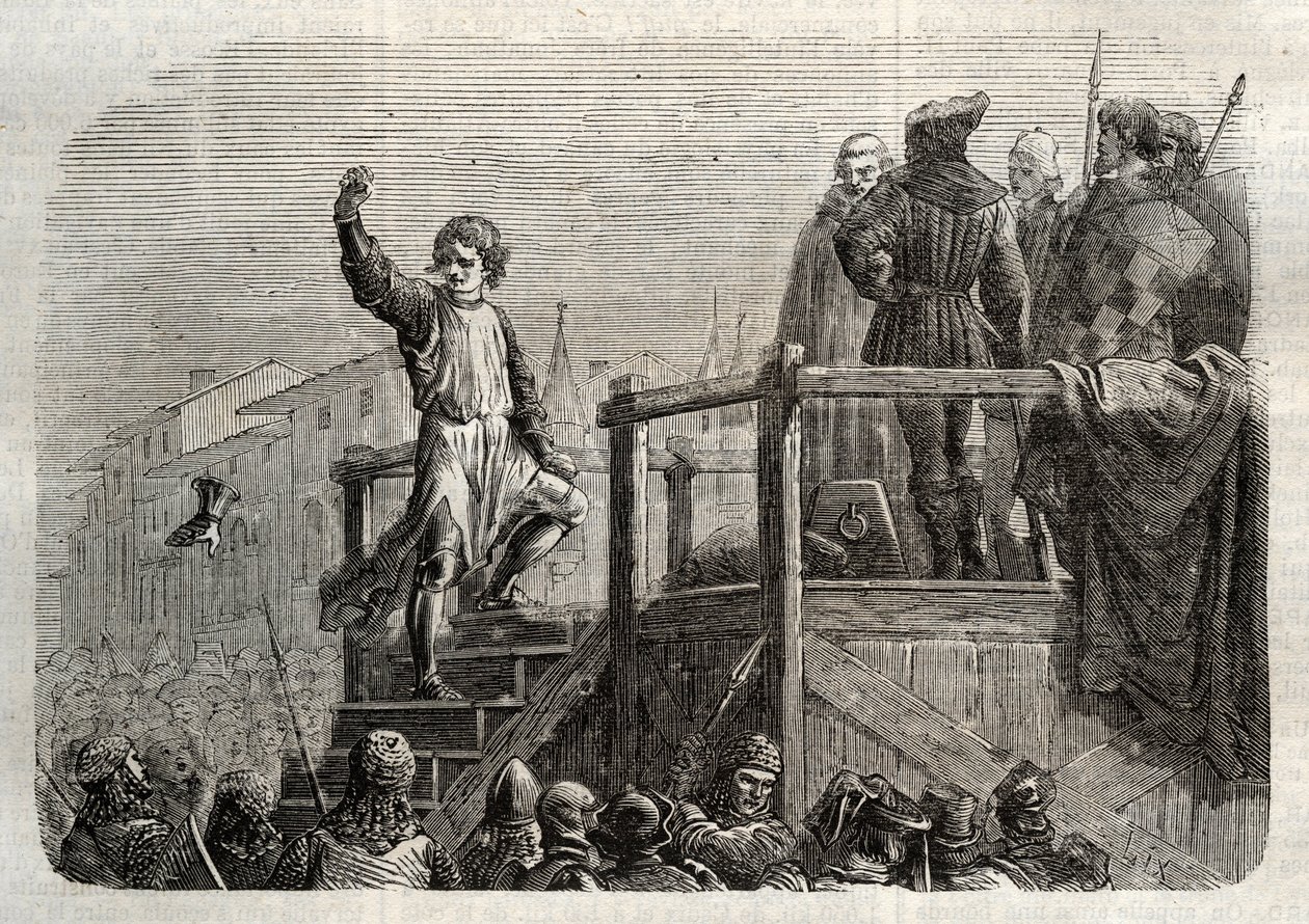 Konradin (vagy Hohenstaufeni Konrád) szicíliai király és sváb herceg (1252-1268) kivégzése Anjou Károly parancsára az 1268-as tagliacozzói csata után” (Konradin (vagy Konrád ifjabb), utolsó Staufer király kivégzése Szicília, követve alkotó: Unknown artist