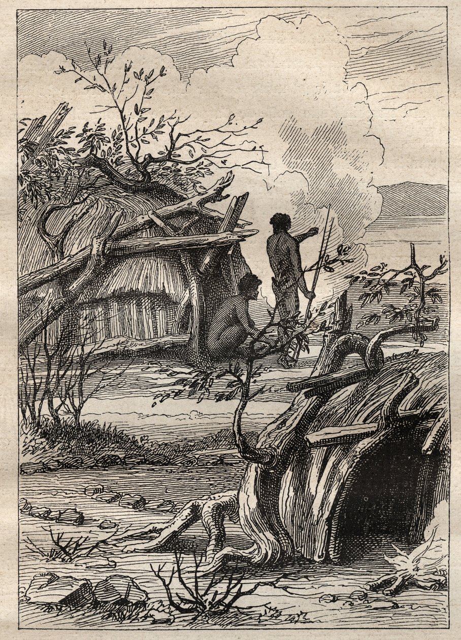 Etienne Marchand kapitány (1755-1793) világkörüli expedíciója (1790-1792): Enddacht (Ausztrália) bennszülött kunyhói – az illusztráció a „18. századi nagy tengerészek” c. alkotó: Unknown artist