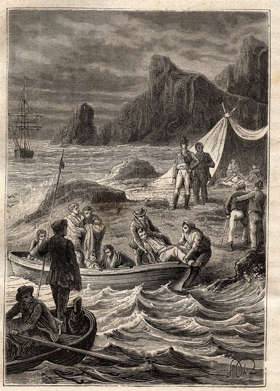 Nicolas Baudin (1754-1803) expedíciója a déli vidékekre (1800-1803): a skorbutban szenvedőket a Kaland-öbölben (Tasmania, Ausztrália) szállították a partra – az illusztráció a „18. századi nagy tengerészek” c. ” alkotó: Unknown artist