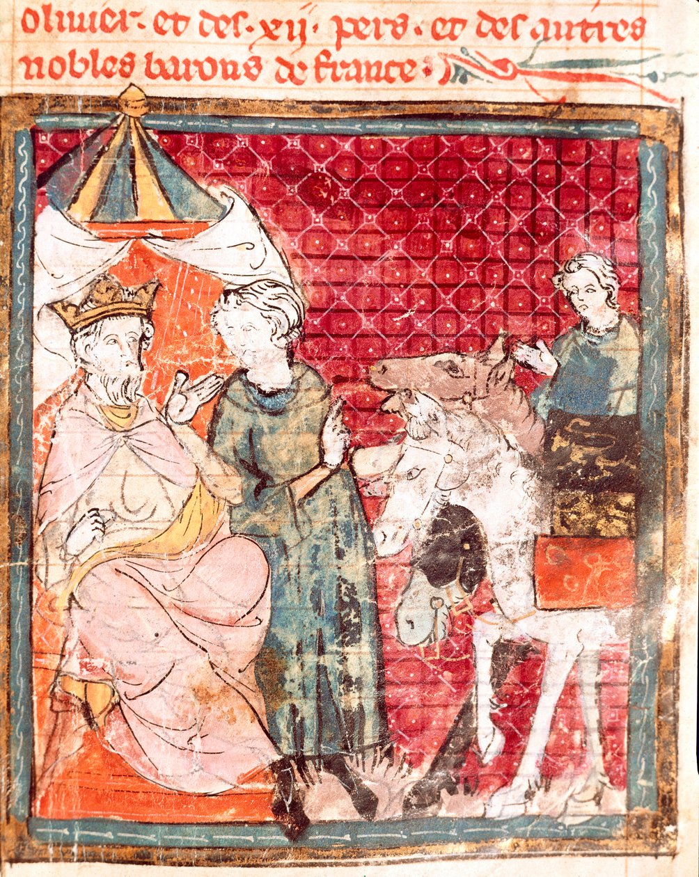 Roland lovag búcsúja nagybátyjától, Nagy Károlytól (742-814) Miniatűr a „Grandes Chronicles de France”-ból” 1375-1379 Városi Könyvtár, Castres alkotó: Unknown artist