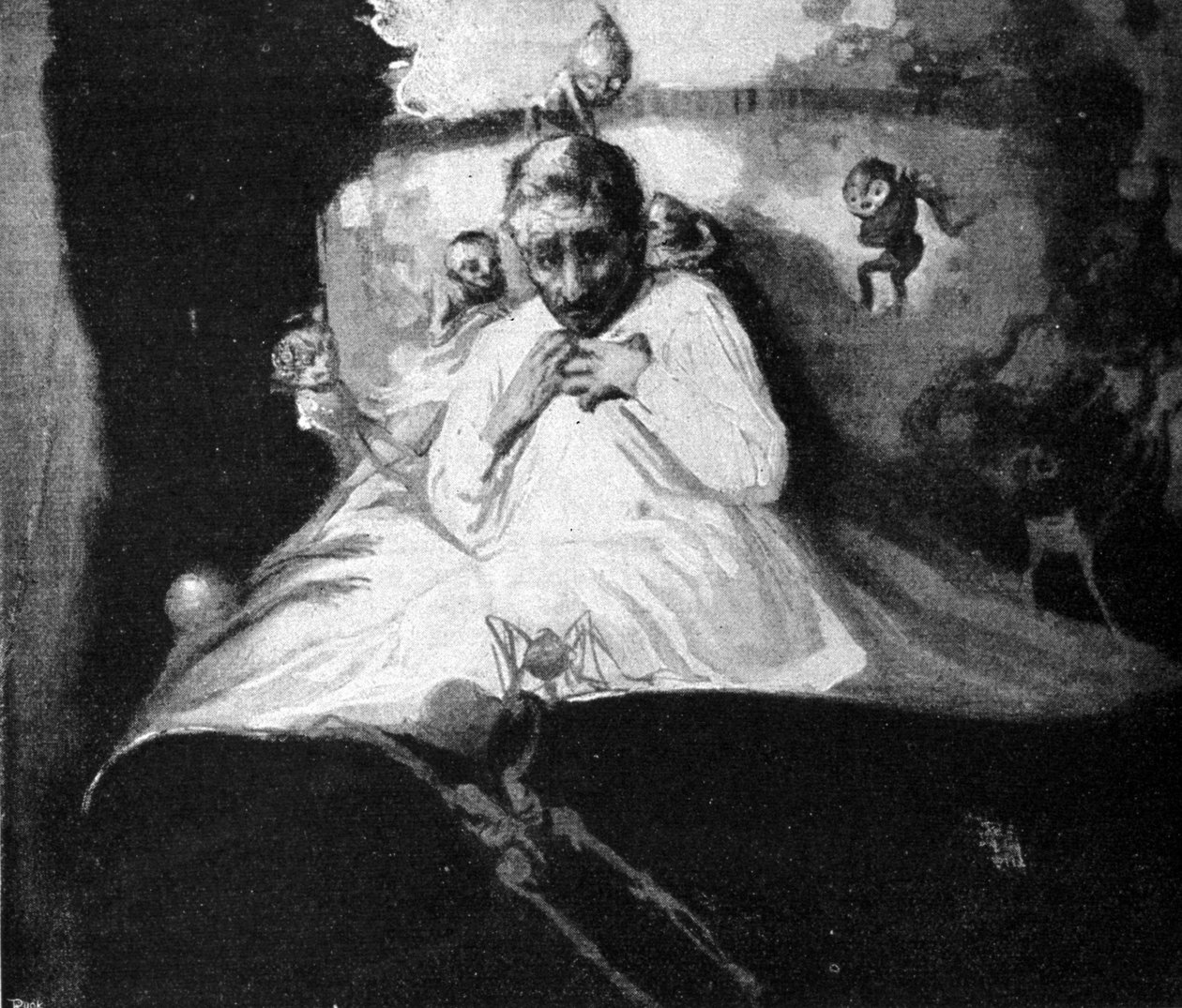 Szellemektől való félelem (az ágyban fekvő férfi azt hiszi, hogy képzeletbeli lények támadják meg). alkotó: Unknown artist