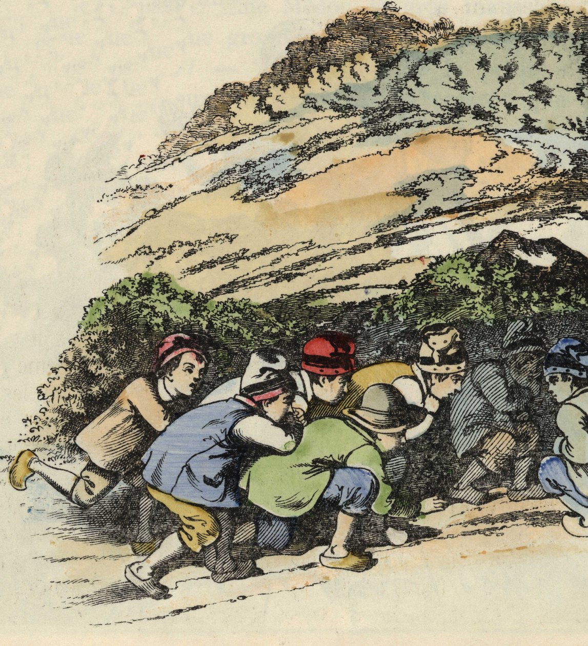 A kis Poucet feresei egy üreges sziklába bújnak, hogy elmeneküljenek az ogre elől. Illusztráció Charles Perrault „Le Pepetit Poucet” című meséjéhez alkotó: Unknown artist