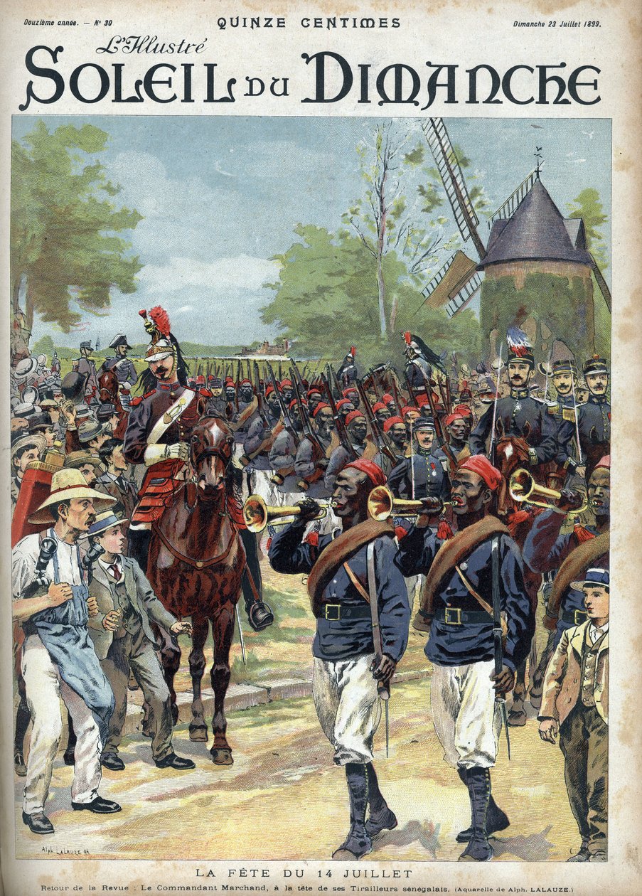 A július 14-i ünnepség: Marchand parancsnok a szenegáli lovasok élén áll. Metszet a „Le sun-du-dimanche”-ban, július 23 alkotó: Unknown artist