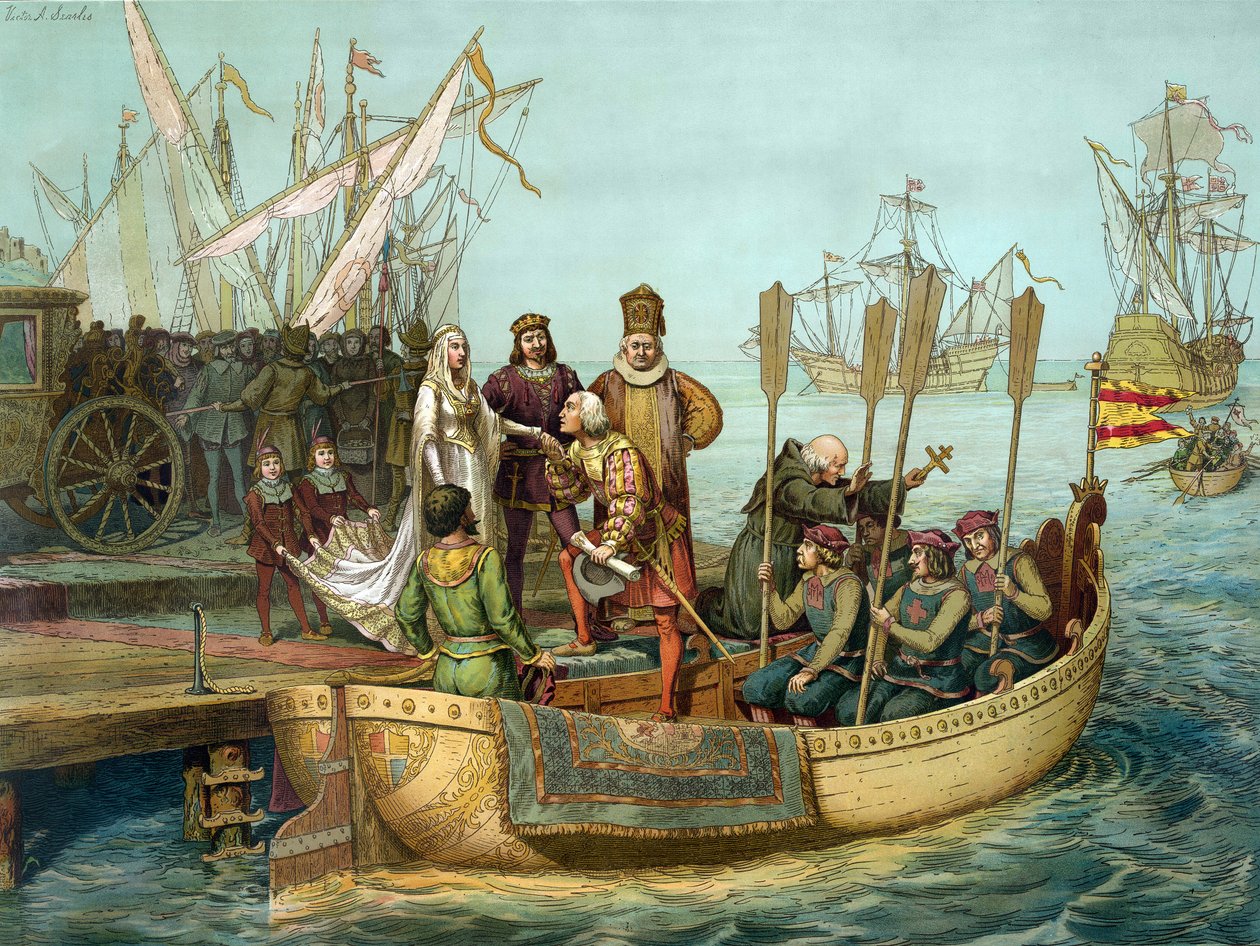Az első út: Kolumbusz Kristóf Kasztíliai Izabella királynőt üdvözli Palos kikötőjébe indulás előtt 1492-ben. Metszet XIX. alkotó: Unknown artist