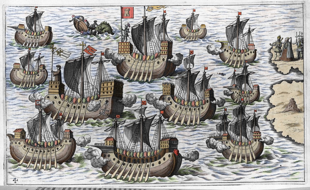 Kolumbusz Kristóf (Cristoforo Colombo) flottája az új világ meghódítására – Philoponus Honorius „Új Tipusz az új világ utazása után” című művében alkotó: Unknown artist
