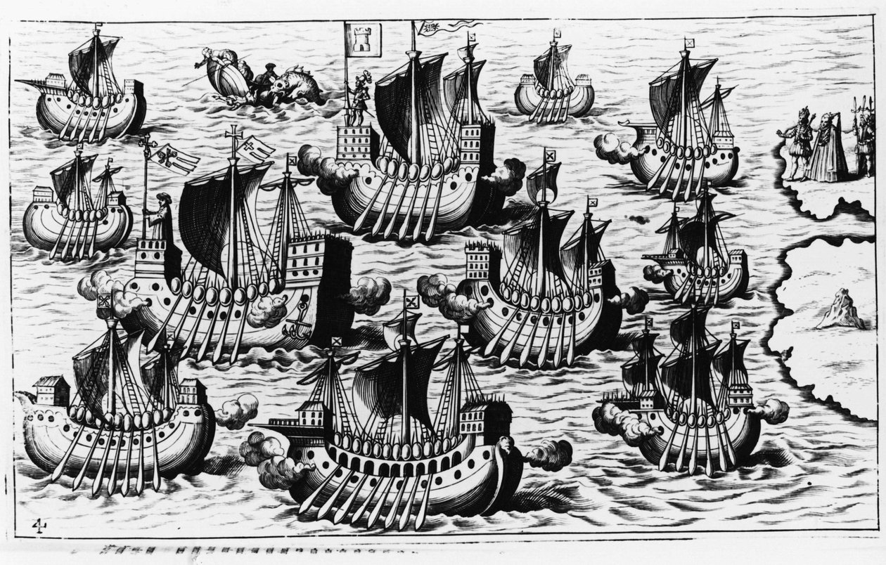 Kolumbusz Kristóf (Cristoforo Colombo) flottája az új világ meghódítására – Philoponus Honorius „Új Tipusz az új világ utazása után” című művében alkotó: Unknown artist