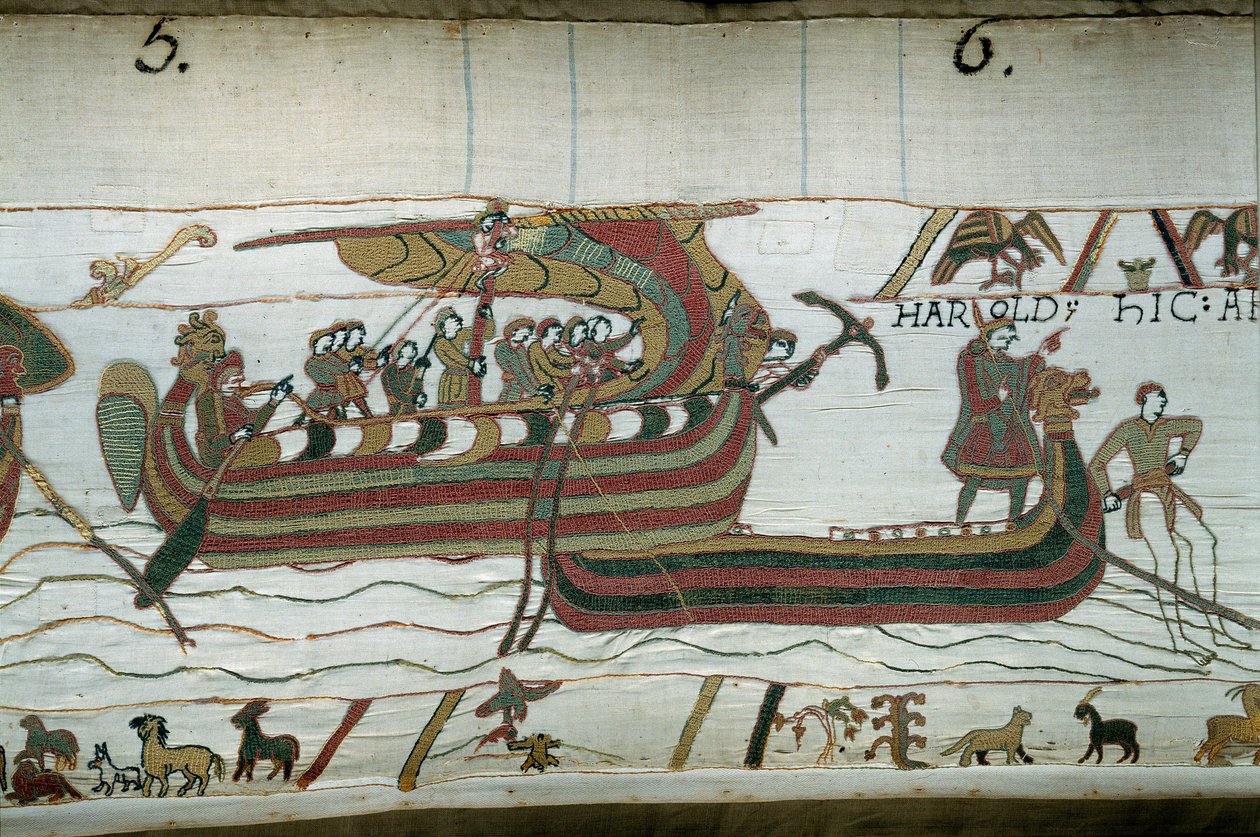 Harold flottáját, aki azért jött, hogy tájékoztassa Normandia Hódító Vilmos hercegét (1027-1087), hogy ő lesz Anglia koronájának utóda Edoaurd, Gyóntató halálakor, elkapja a partokat sújtó vihar. gróf Guy de P alkotó: Unknown artist