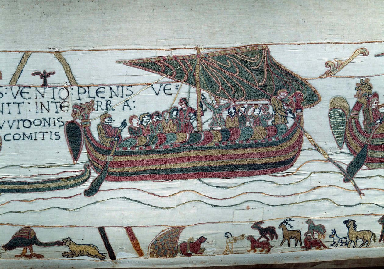 Harold flottáját, aki azért jött, hogy tájékoztassa Normandia Hódító Vilmos hercegét (1027-1087), hogy ő lesz Anglia koronájának utóda Edoaurd, Gyóntató halálakor, elkapja a partokat sújtó vihar. gróf Guy de P alkotó: Unknown artist