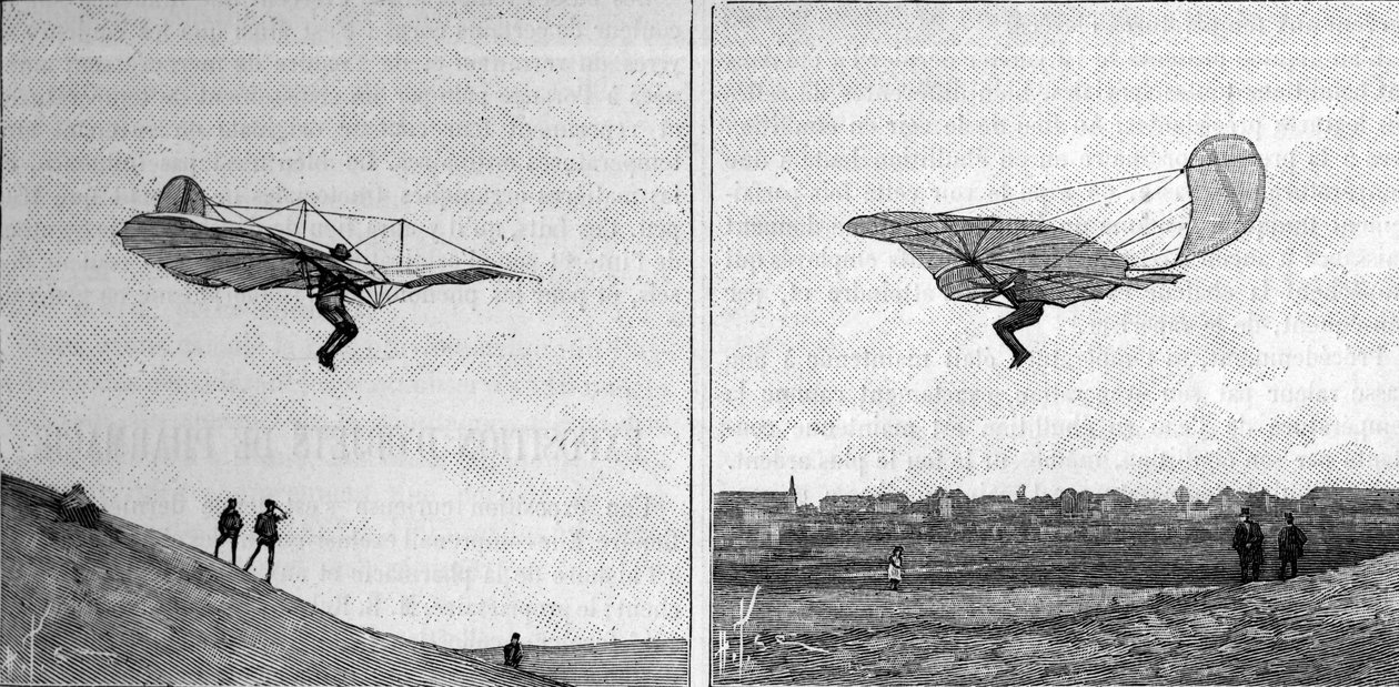 Otto Lilienthal (1848-1896), német repülési úttörő repülő repülőgépe két különböző pozícióban (azonnali fényképről). Metszet az 1894. február 3-i „” La Nature: revue des sciences et de leurs applications aux arts et a l