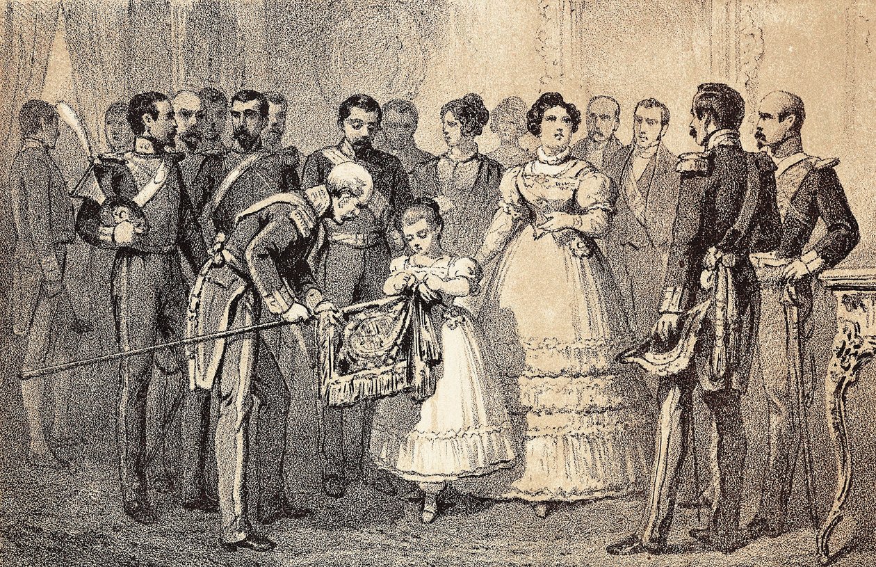 II. Izabella (Bourbon Izabella) (1830-1904) (Isabel II.) Spanyolország leendő királynője, aki a Szent Ferdinánd (San Fernando) Rend Gárda lándzsáit díszíti. Litográfia. alkotó: Unknown artist