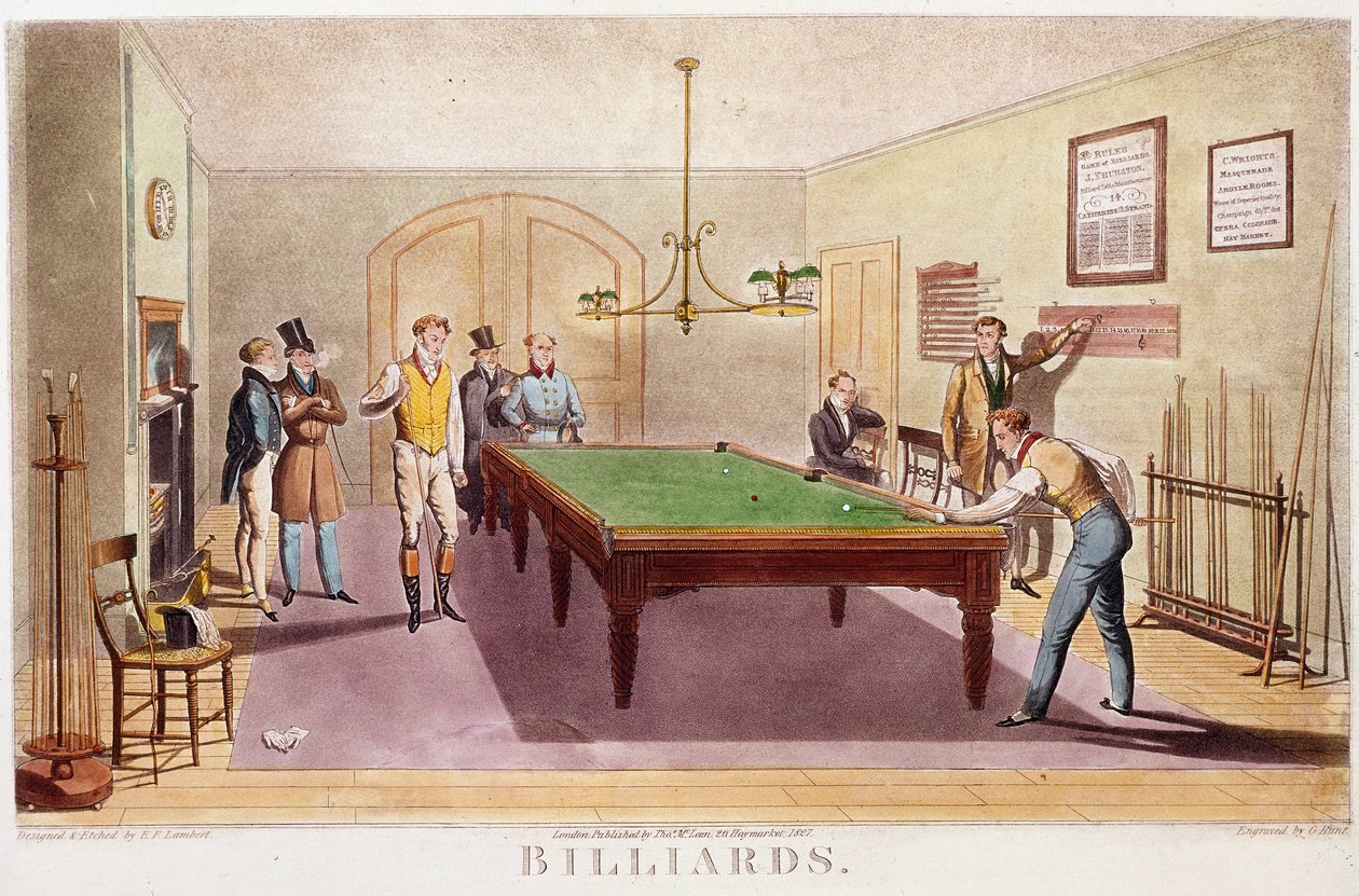 A játék a biliárd Gentilmen a magas angol társadalom biliárdozni. Metszet 1827-ből. Magángyűjtemény alkotó: Unknown artist