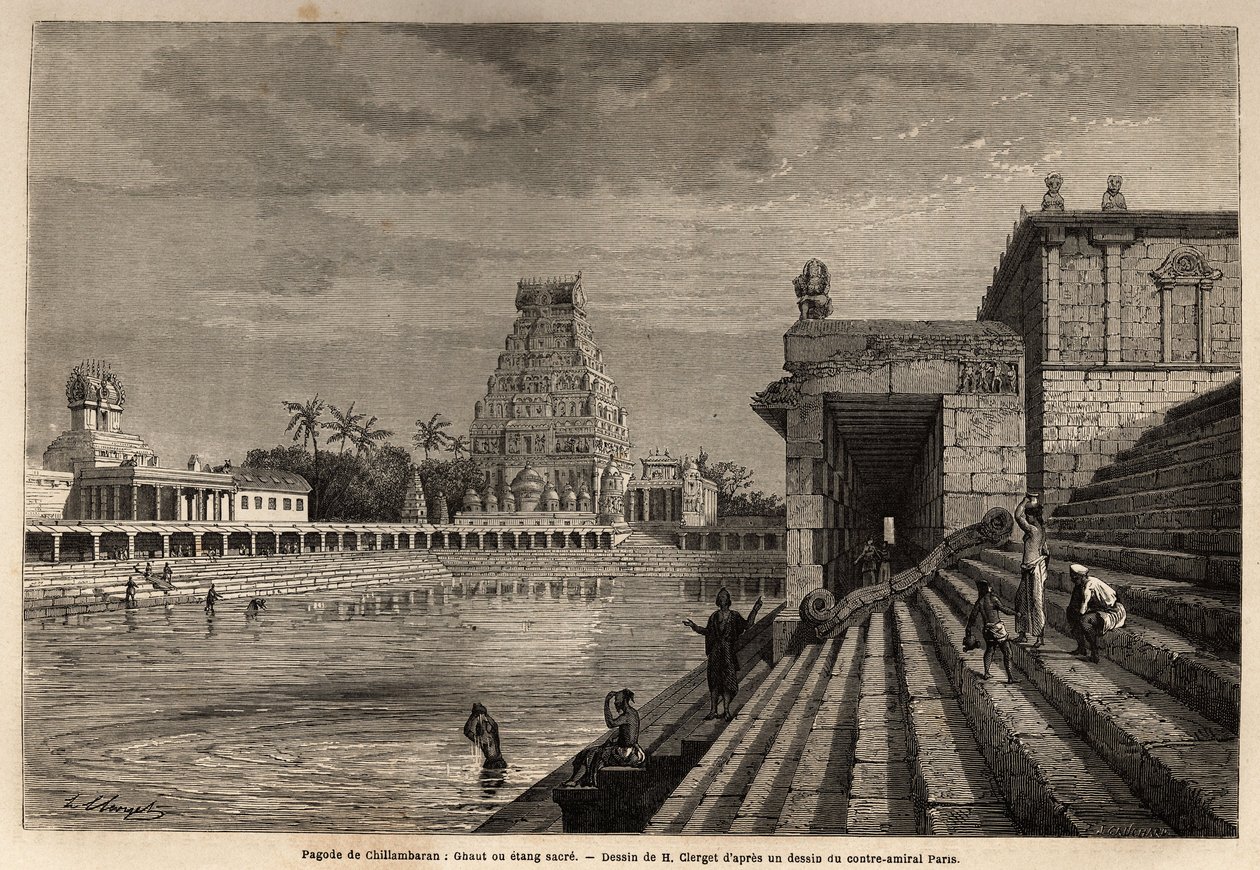 A Chillambaran Pagoda ghaut vagy szent tava, amely a Bengáli-öbölben található, Pondichery (Pondicherry) közelében (India); néhány fideles leereszkedik a monumentális lépcsőn, hogy megfürödjön vagy tisztító mosdást végezzen. Metszet egy expedíció illusztrá alkotó: Unknown artist