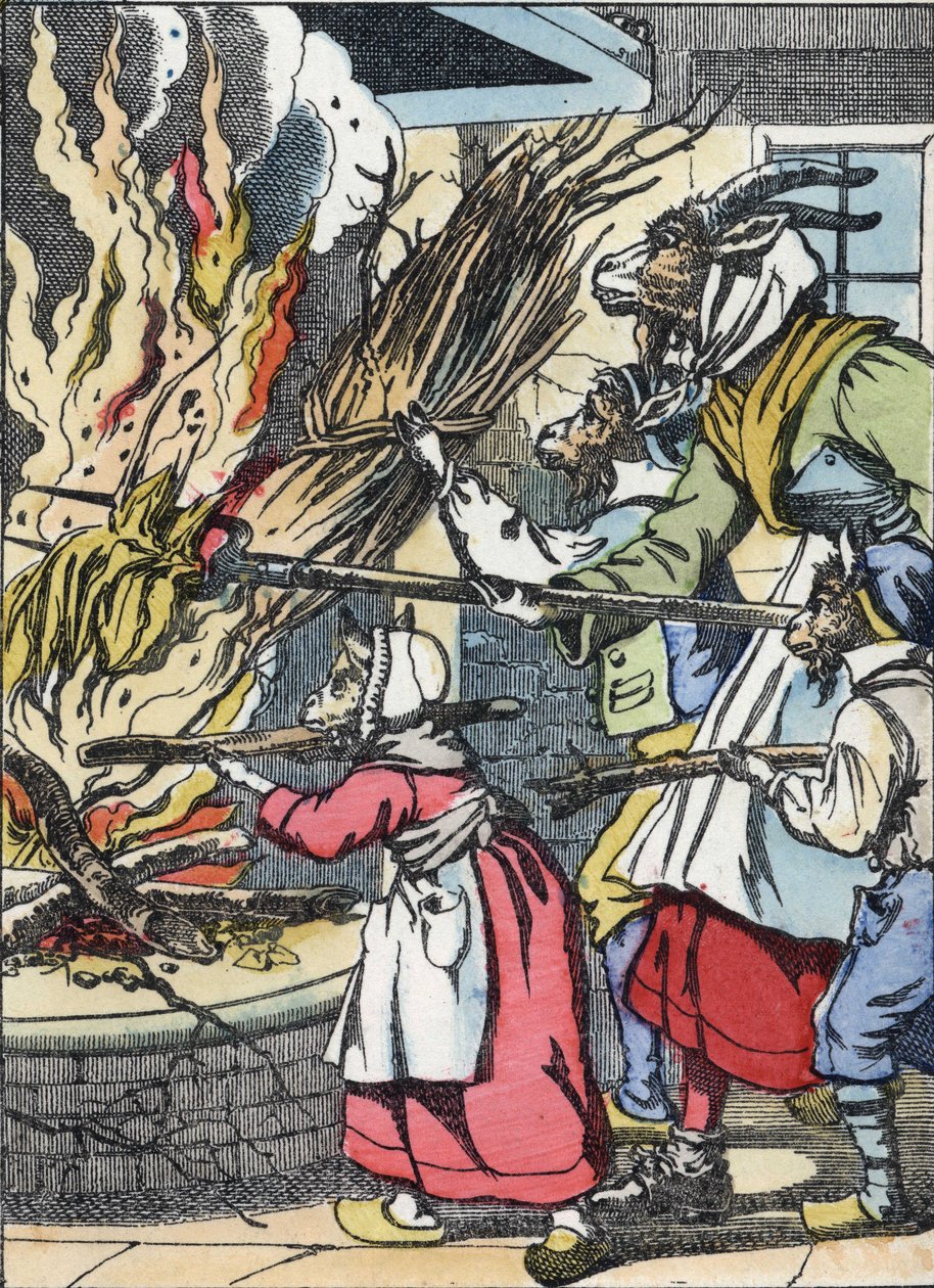 A kecske és a csecsebecsék felgyújtották a kéményt. A „Compere le Loup, Maitre Renard, Comere la Chevre et ses petits biquets” című mese illusztrációja Jean de la Fontaine meséje után. A „” Mesék otthonról a kicsiknek” c. Névtelen metszet alkotó: Unknown artist
