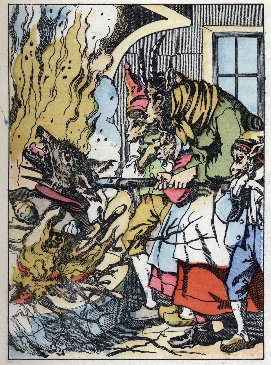 A kecske megöli a farkast a kéményben. A „Compere le Loup, Maitre Renard, Comere la Chevre et ses petits biquets” című mese illusztrációja Jean de la Fontaine meséje után. A „” Mesék otthonról a kicsiknek” c. Névtelen metszet a 19t alkotó: Unknown artist