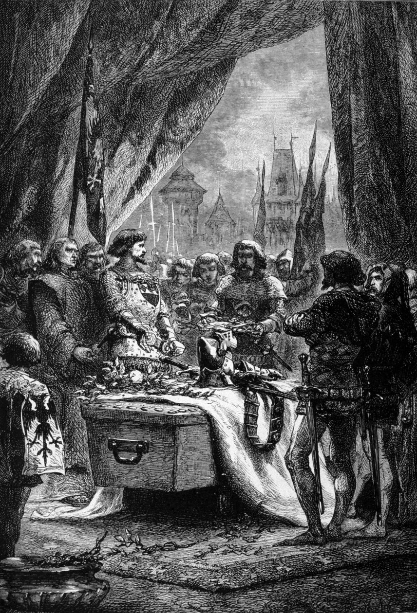 A kormányzó a Chateauneuf de Randon kulcsait Bertrand Du Guesclin (1320 - 1380) koporsójára helyezte, egy breton harcos és az angolok elleni francia hazafi. századi metszet. alkotó: Unknown artist