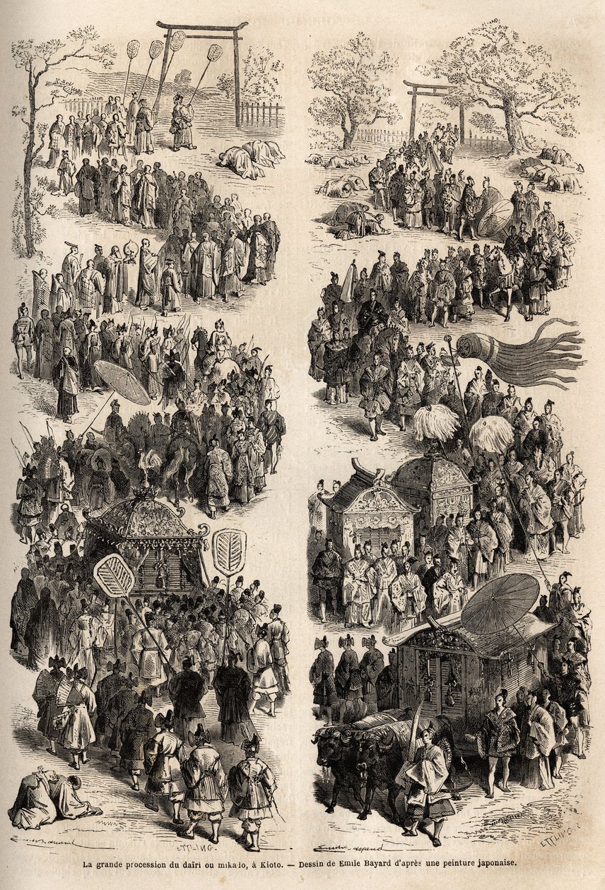A Mikado (Japán császár) nagy körmenete Heian-kyo (Heian Kyo, mai Kiotó) ősi császári kastélyában, a Dairinél 794-től 1869-ig. Metszet az 1863-1864-es japán utazás szemléltetésére, Írta: Aime Humbert, a svájci miniszter alkotó: Unknown artist