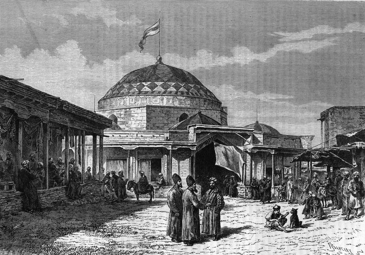 Az üzbegisztáni szamarkandi nagy bazár (Samarqand vagy Szamarkand) a XIX. Metszet az 1888-as „” le Journal de la Jeunesse „”-ban. alkotó: Unknown artist