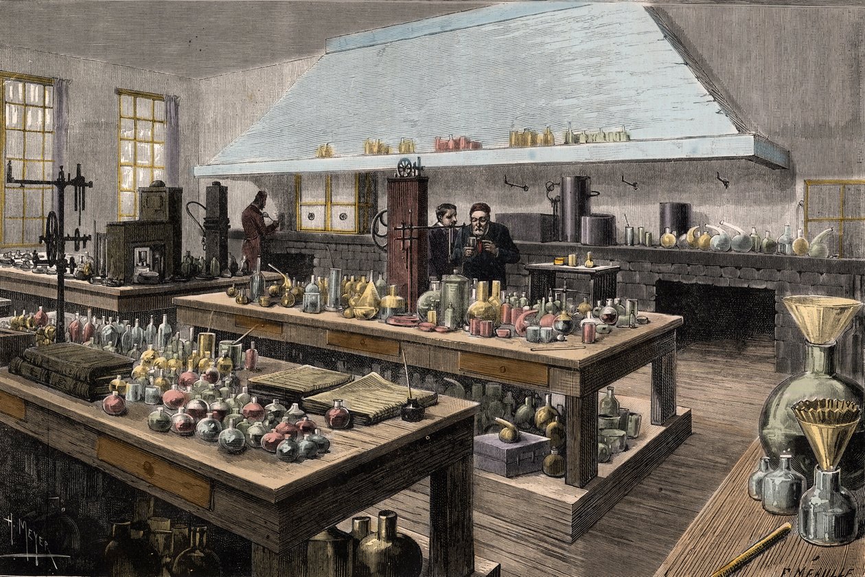Louis Pasteur (1822-1895) francia kémikus és biológus nagyszerű laboratóriuma az Ecole Normale Superieure-ban - Louis Pasteur az Ecole Normale Superieure laboratóriumában - Meyer gravírozása 1884 alkotó: Unknown artist