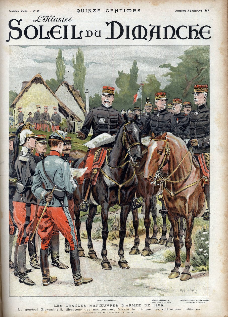 Az 1899-es hadsereg nagy manőverei. Giovaninelli tábornok, a hadműveletek bírálata. Metszet a „Le sun-du-dimanche”-ban, 1899. szeptember 3-án. alkotó: Unknown artist
