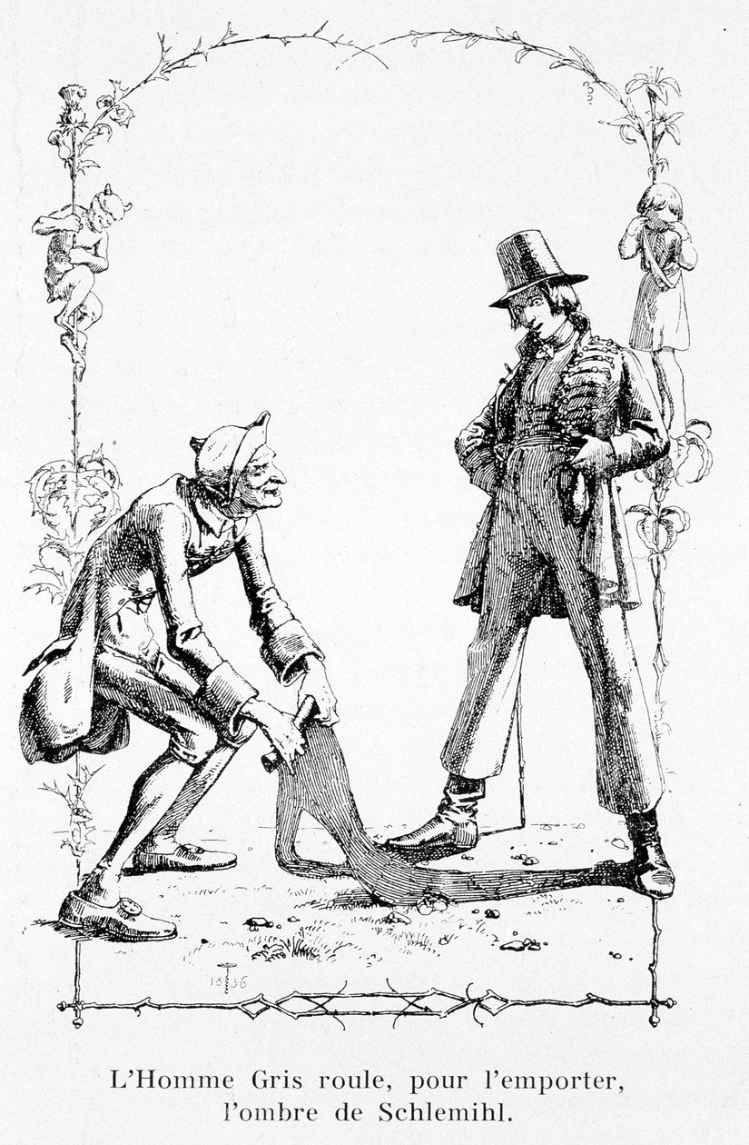 A szürke ember a győzelem érdekében Schlemihl árnyékát görgeti – Aldebert Von Chamisso „Pierre Schlemihl csodálatos története” című művében alkotó: Unknown artist