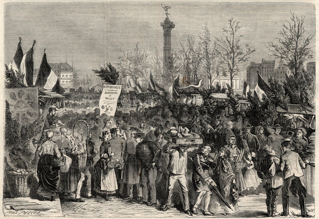 A sonkavásár, Boulevard Bourdon Párizs 4. kerületében, a Place de la Bastille közelében. Egy tábla a márna húsát (Hyperphagia) hirdeti. Metszet a „The Universe illustrious”-ba alkotó: Unknown artist