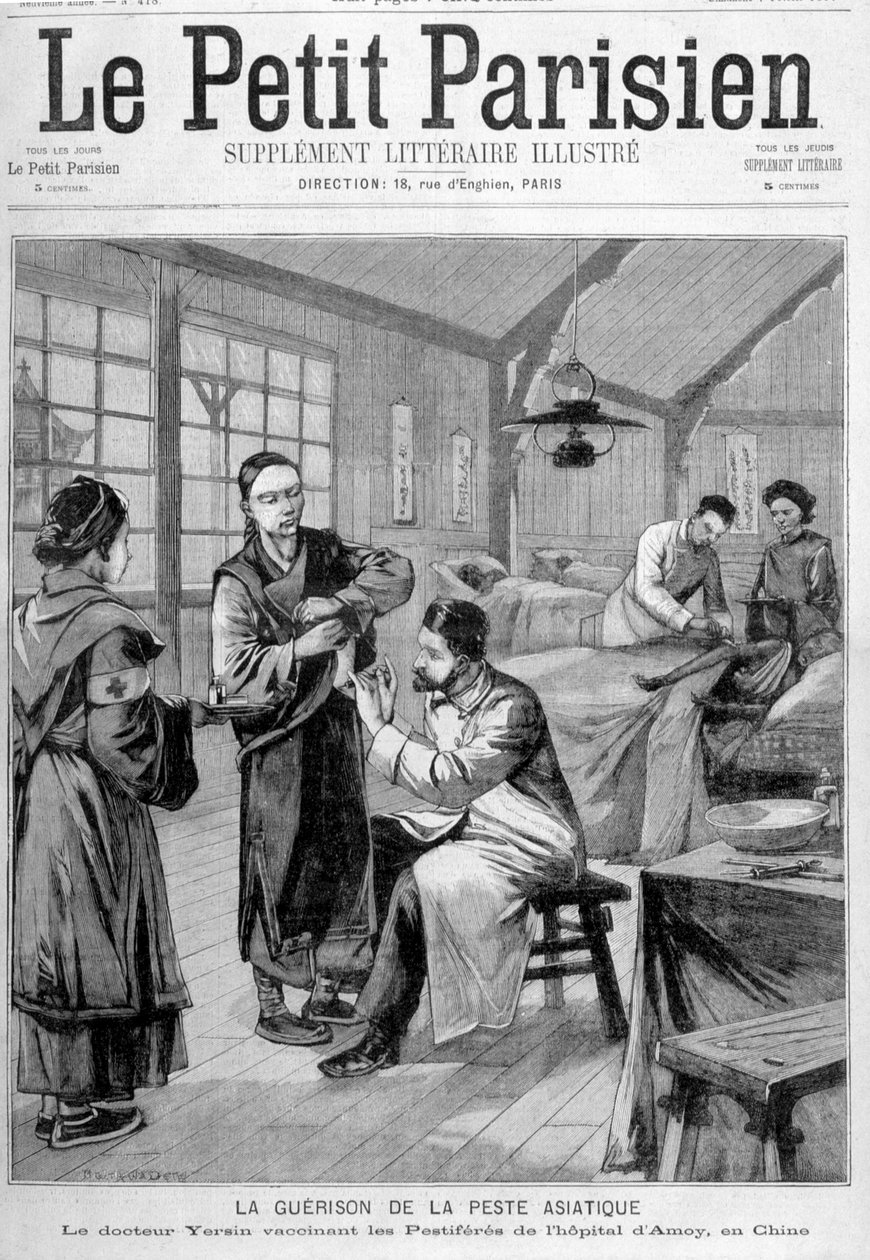Az ázsiai pestis gyógyulása: Dr. Yersin beoltja a kínai Amoy kórház kártevő állatait - a „Le Petite Parisien”-ben 1897.02.07-től alkotó: Unknown artist