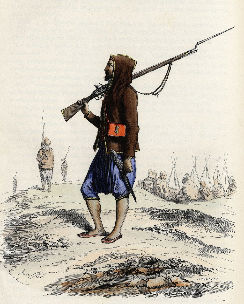 Abd-el-Kader emír gyalogsága ellenállt a francia hadseregnek az 1830-as algíri expedíció során. Leon Galibert „” L
