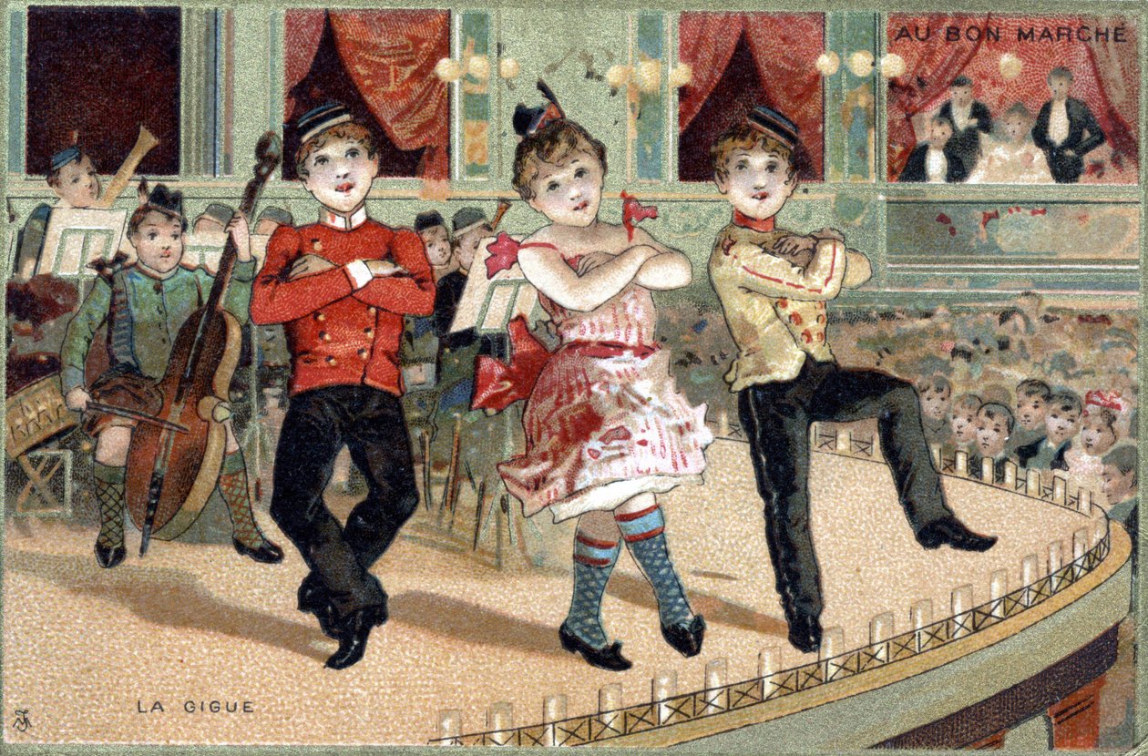 Az izgalom: néptánc. Chromo a 19. század végéről. alkotó: Unknown artist