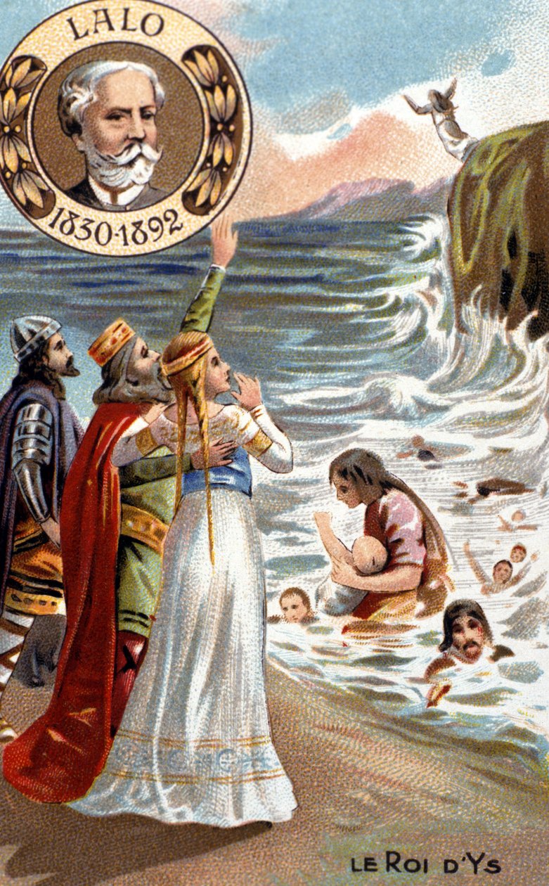 Ys királya, Bretagne legendás városa, amelyet a 4. vagy 5. században elborítottak volna a hullámok. A bal felső sarokban látható Edouard Lalo (1823-1892) az „Ys királya” (1888) című operát komponálta. századi kromolitográfia. alkotó: Unknown artist