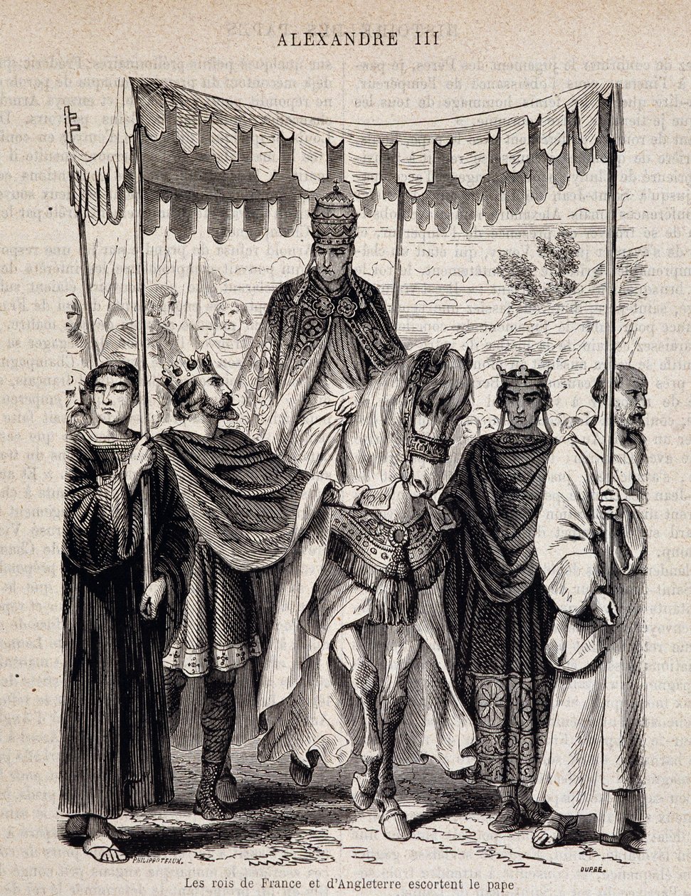 VII. Lajos francia (1120-1180) és Anglia királyai kísérik III. Sándor pápát – a „Histoire des popes” című könyvben, n.d. alkotó: Unknown artist