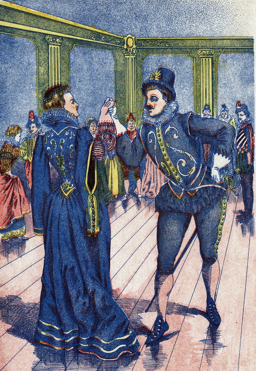 A király fia megtáncoltatja Hamupipőkét. Illusztráció Charles Perrault (1628-1703) francia író „” Hamupipőke” című meséjéhez. Képek Marcel Vagne, Jarville Nancy, dátum nélküli (19. század vége). alkotó: Unknown artist