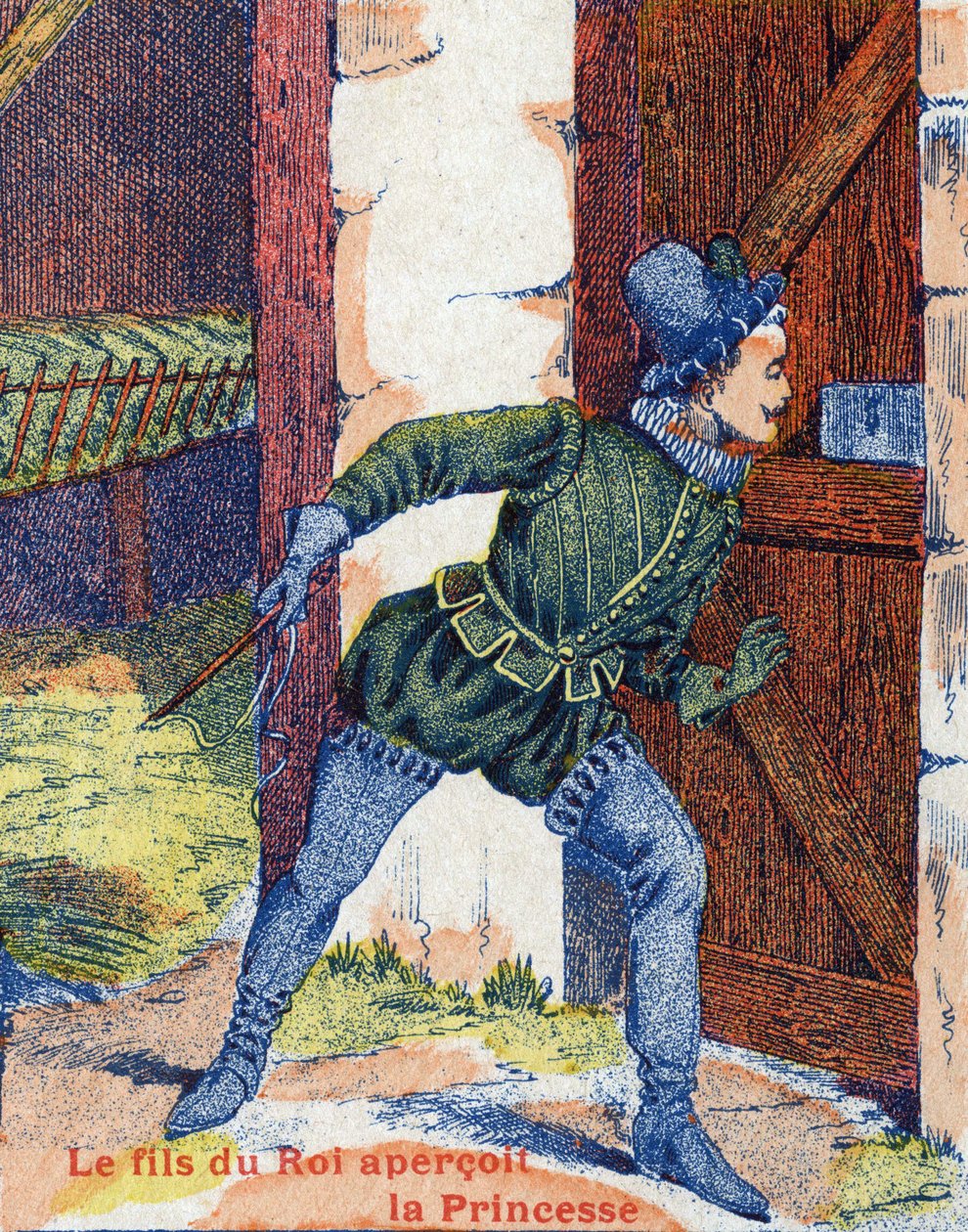 A király fia meglátta a hercegnőt. Illusztráció Charles Perrault (1628-1703) francia író „” szamárbőr” című meséjéhez. Képek Marcel Vagne, Jarville Nancy, dátum nélküli (19. század vége). alkotó: Unknown artist