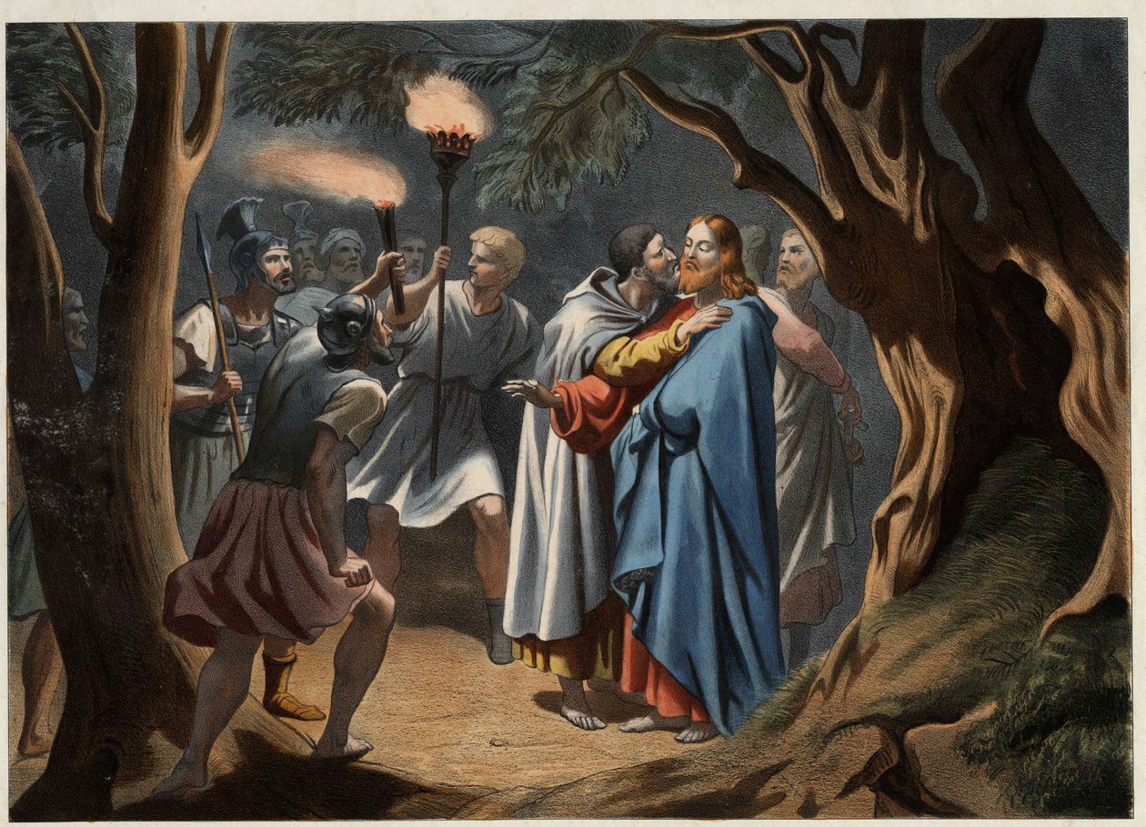 Júdás csókja az olajfák kertjében. Névtelen metszet a 19. század közepéről. alkotó: Unknown artist