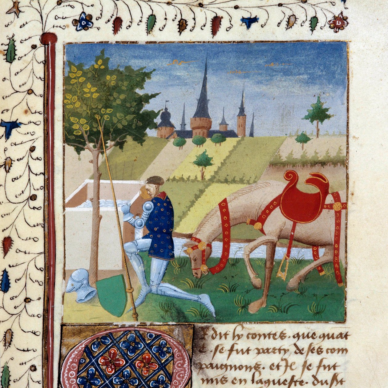 Gauvain (vagy Gawain) kerekasztal lovagja, Arthur király unokaöccse egy szökőkút közelében. Miniatűr „A Grál Quete regénye” kéziratból, 1450-1460 Dijon, Városi Könyvtár alkotó: Unknown artist