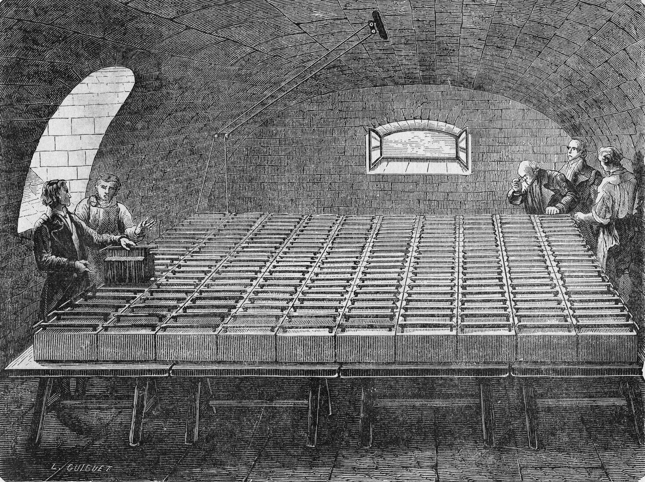 A nagy halom Hyde Wollaston, amelyet Humphry Davy számára építettek 1807-ben. In "Album de la Science", Éditions Jouvet alkotó: Unknown artist
