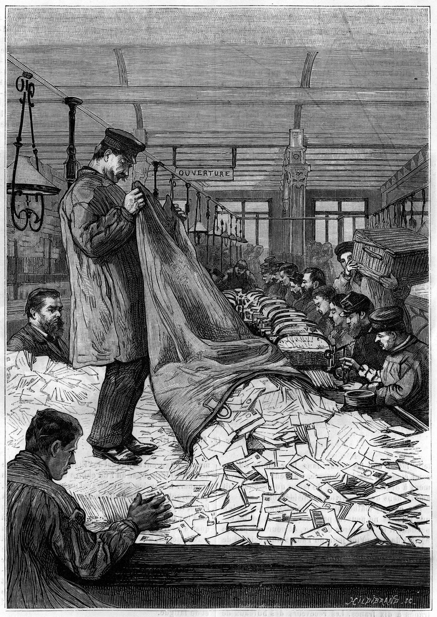 A nagy levéltáblák a párizsi Rue du Louvre-on található Hotel des Postes válogatóközpontjaiban. Metszet a „La jeunesse” folyóiratban alkotó: Unknown artist