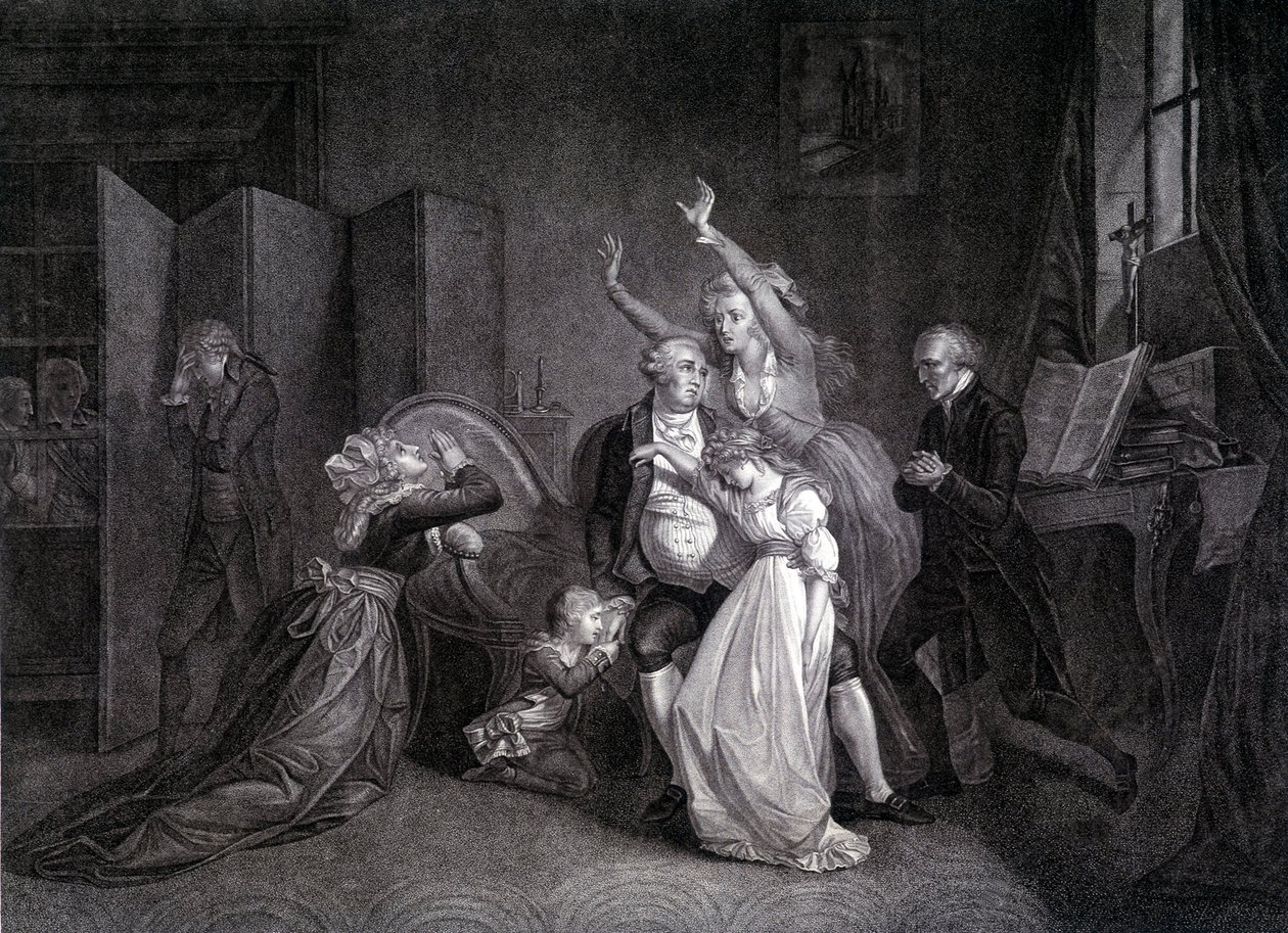 XVI. Lajos utolsó interjúja családjával (Marie Antoinette és XVII. Lajos). századi metszet. alkotó: Unknown artist