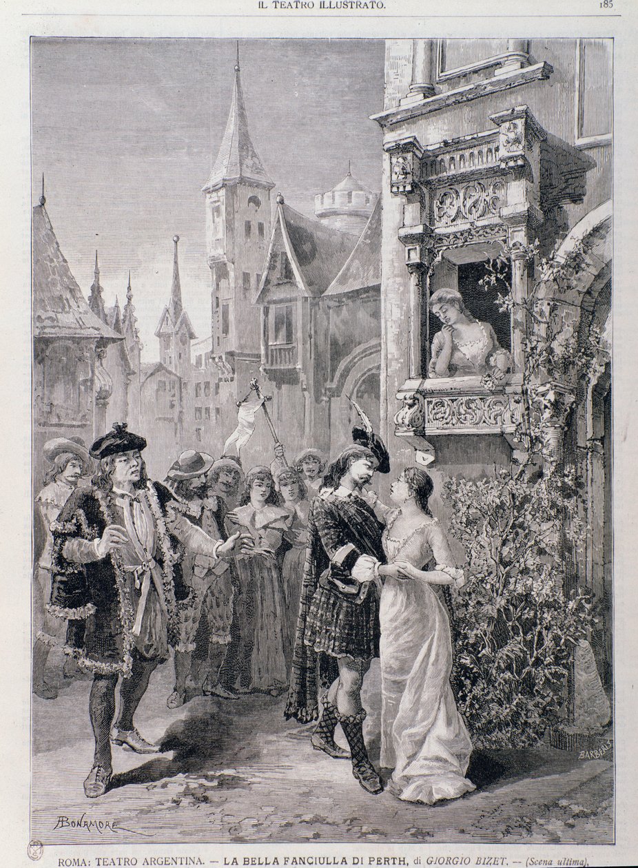 Georges Bizet operájának A szép perthi szobalány utolsó jelenete a római Teatro Argentina-ban alkotó: Unknown artist