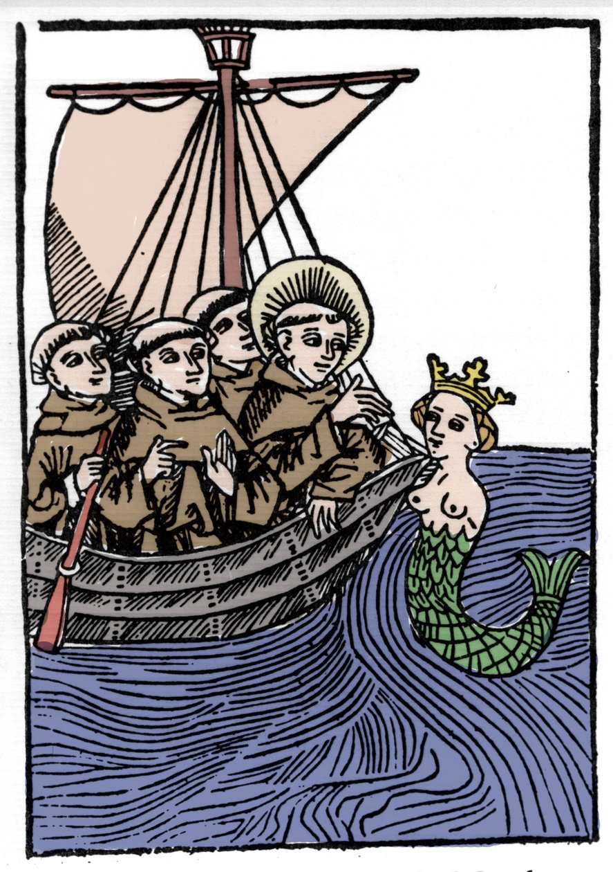Szent Brendan (Brandan) legendája, a 6. század hőse és ír szentje. Saint Brendan találkozása a Sirene-szel. „” metszet Die Wunderbare Meerfahrt des Hl. Brandan.” Bála alkotó: Unknown artist