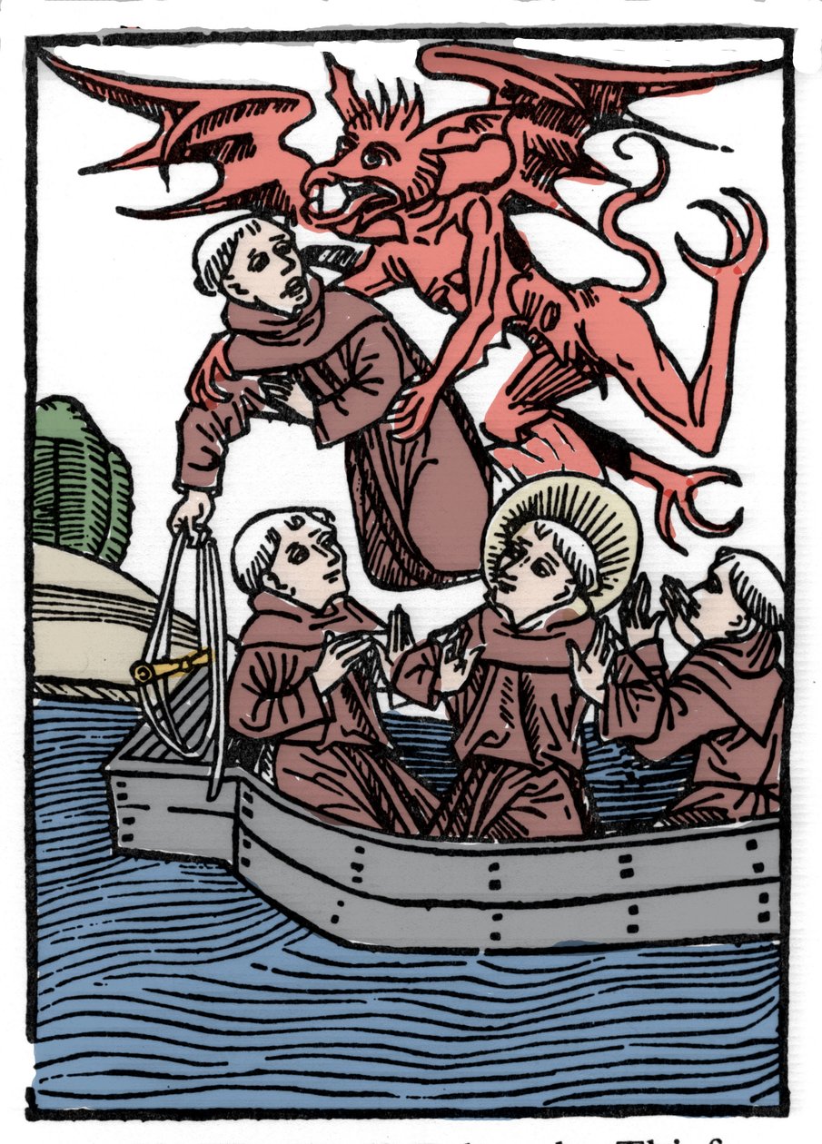 Szent Brendan (Brandan) legendája, a 6. század hőse és ír szentje Az ördög elviszi a tolvajszerzetet. „” metszet Die Wunderbare Meerfahrt des Hl. Brandan.” Bála alkotó: Unknown artist