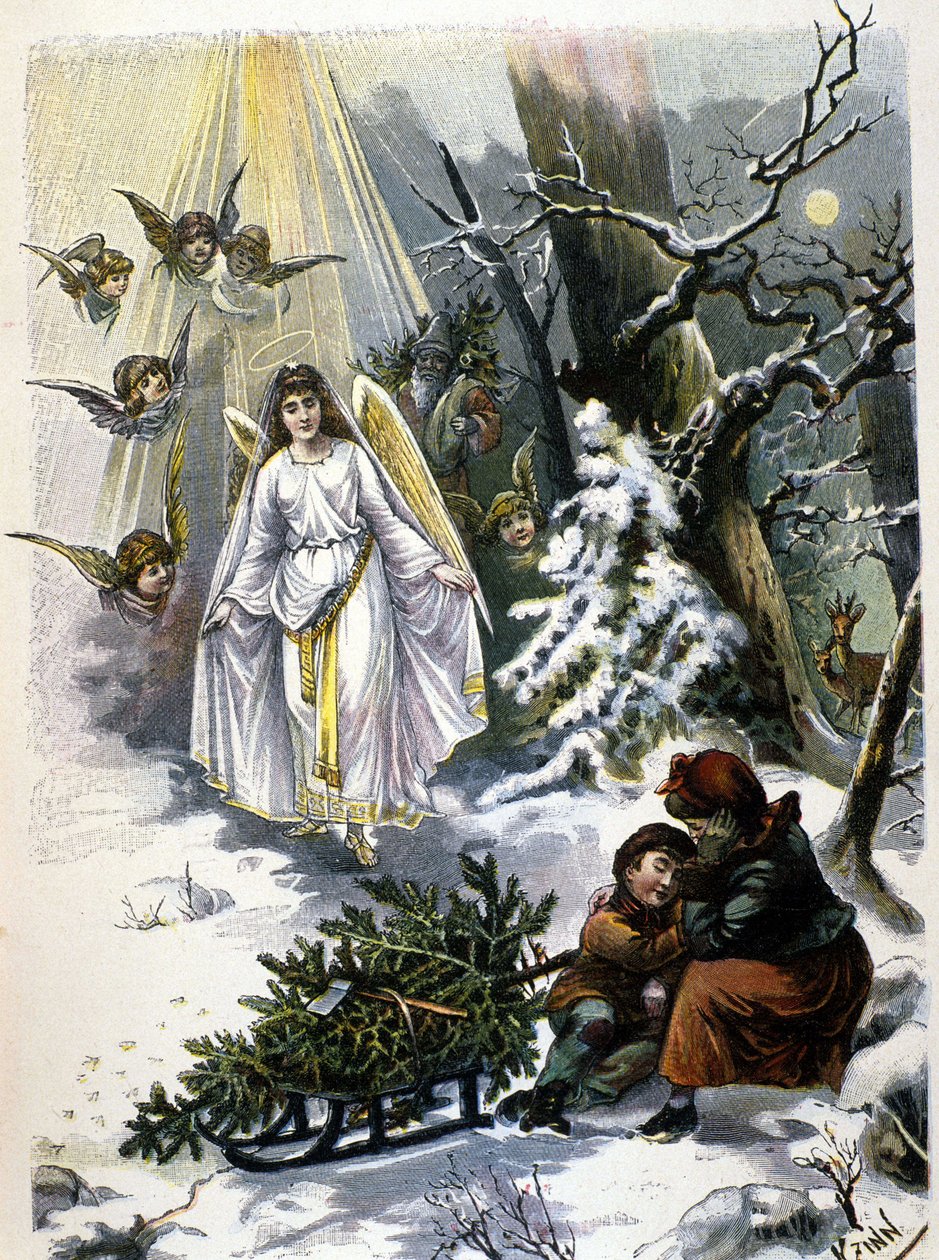 A karácsonyfa legendája: angyal megjelenése. századi illusztráció. alkotó: Unknown artist