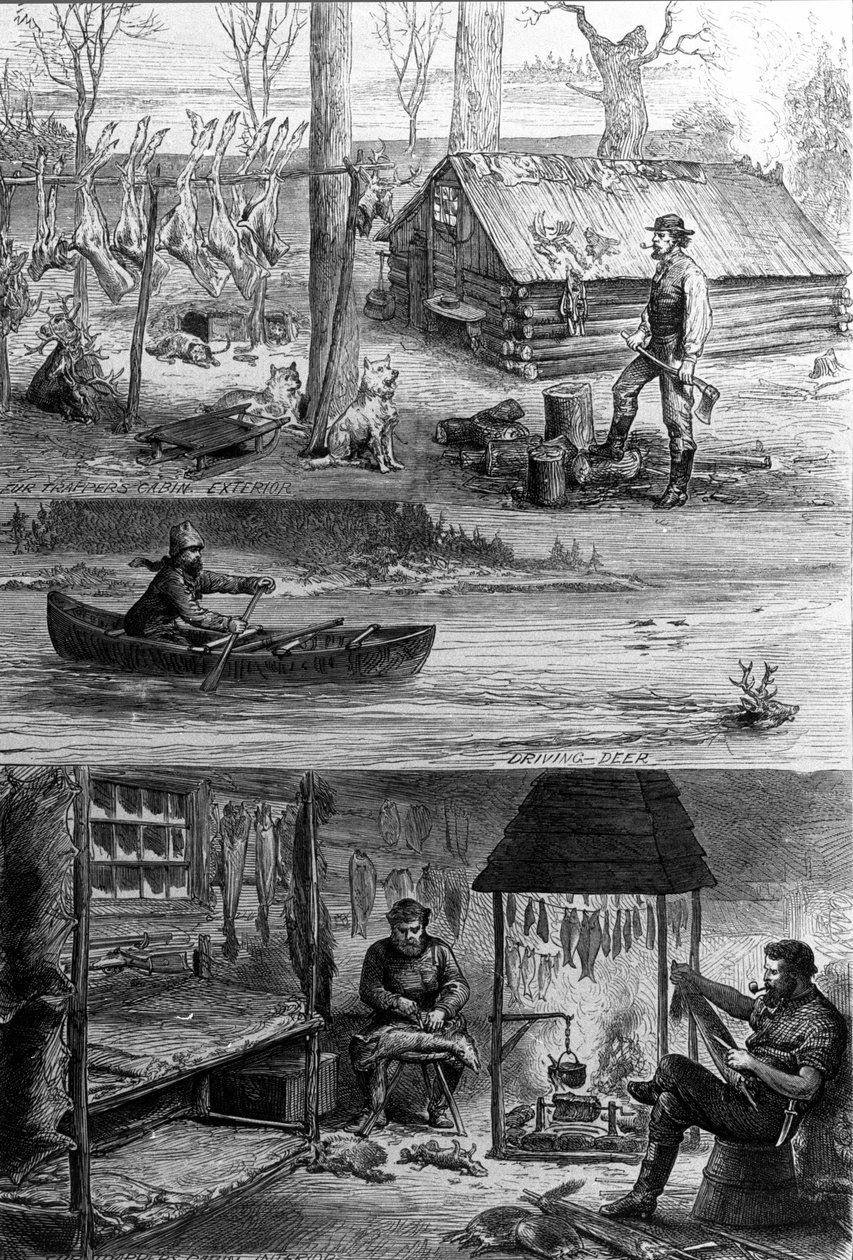 A trapperek (hivatásos vadászok) élete Kanadában: felül az egyik trapper a kabinja közelében áll, alul bőrt dolgoznak, és a répa bőréből vonják ki a bundát. századi metszet alkotó: Unknown artist