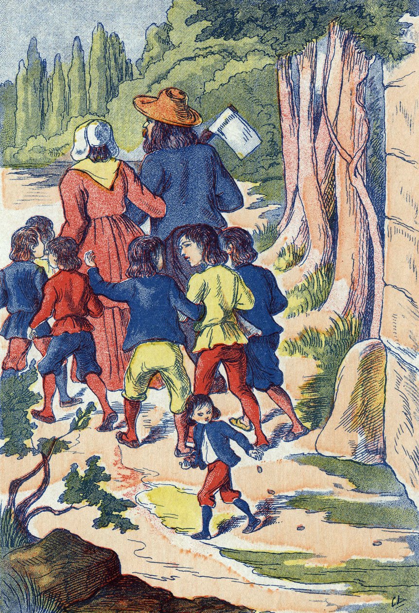 A kis tasak köveket vet az útjába. Illusztráció: Charles Perrault (1628-1703) francia író „Le Pepetit poucet” című meséje. Névtelen illusztráció. Képek Marcel Vagne, Jarville Nancy, dátum nélküli (19. század vége). alkotó: Unknown artist
