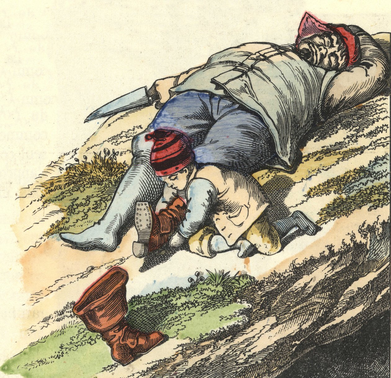 Az alvó ogre elől 7 helyről lopja el a csizmát a kis tasak. Illusztráció Charles Perrault „Le Petit Poucet” című meséjéhez alkotó: Unknown artist