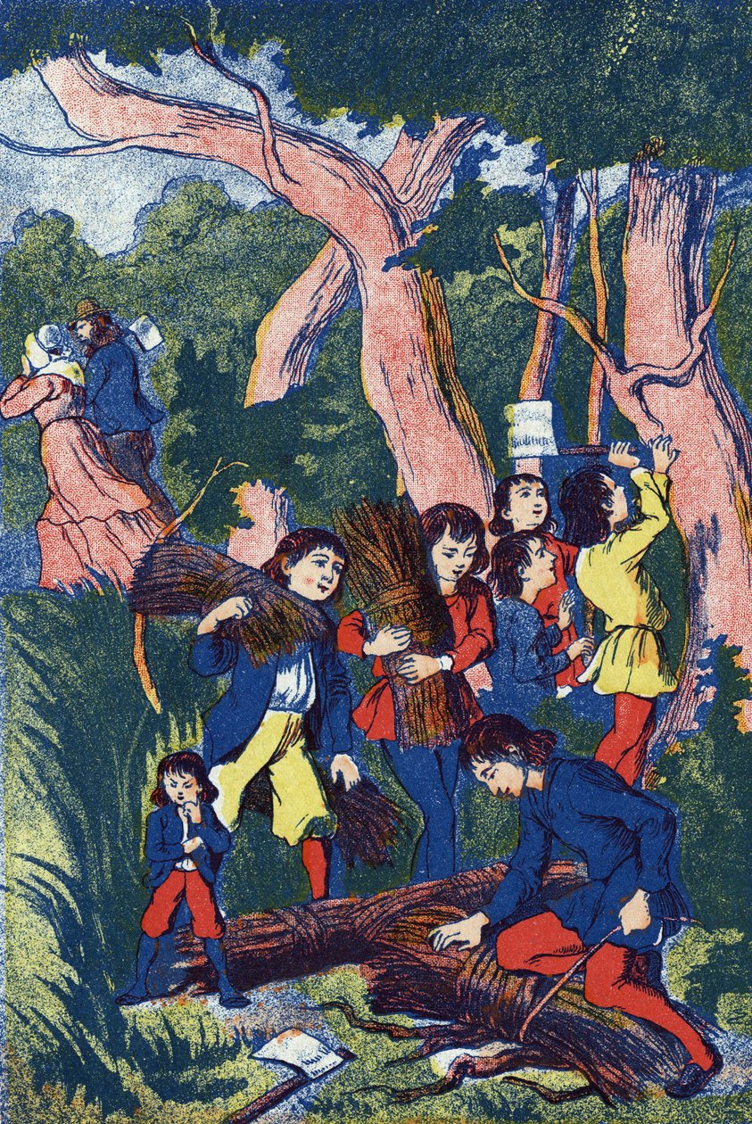 A favágók elhagyják gyermekeiket, Illusztráció a „Le Pepetit poucet”-hez, Charles Perrault (1628-1703) francia író meséje. Névtelen illusztráció. Képek Marcel Vagne, Jarville Nancy, dátum nélküli (19. század vége). alkotó: Unknown artist