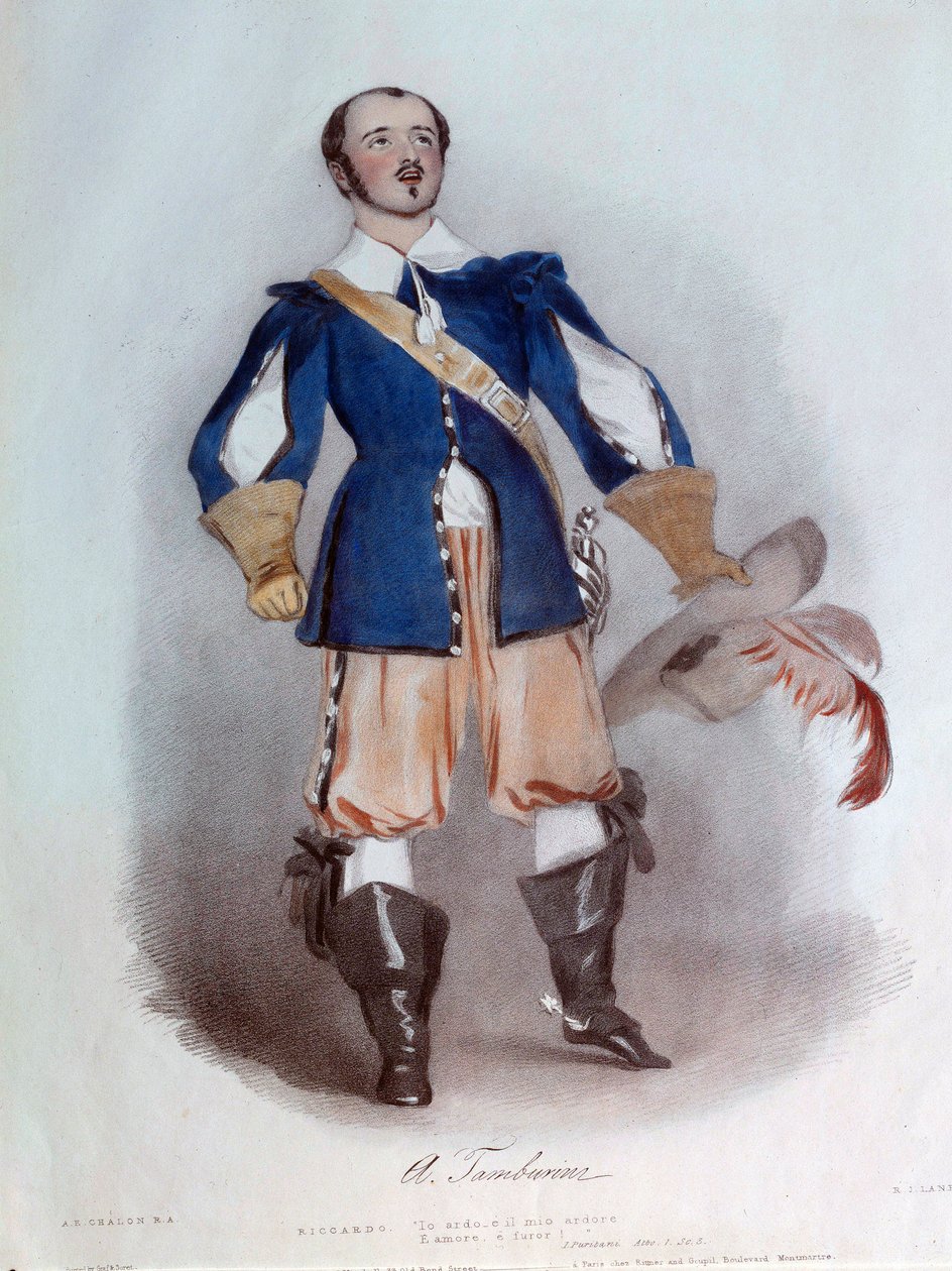 Antonio Tamburini (1800-1876) lírai énekes Riccardo szerepében Vincenzo Bellini (1801-1835) „I puritani” című operájához, 1836-os akvarell. Párizs, az Operamúzeum könyvtára alkotó: Unknown artist
