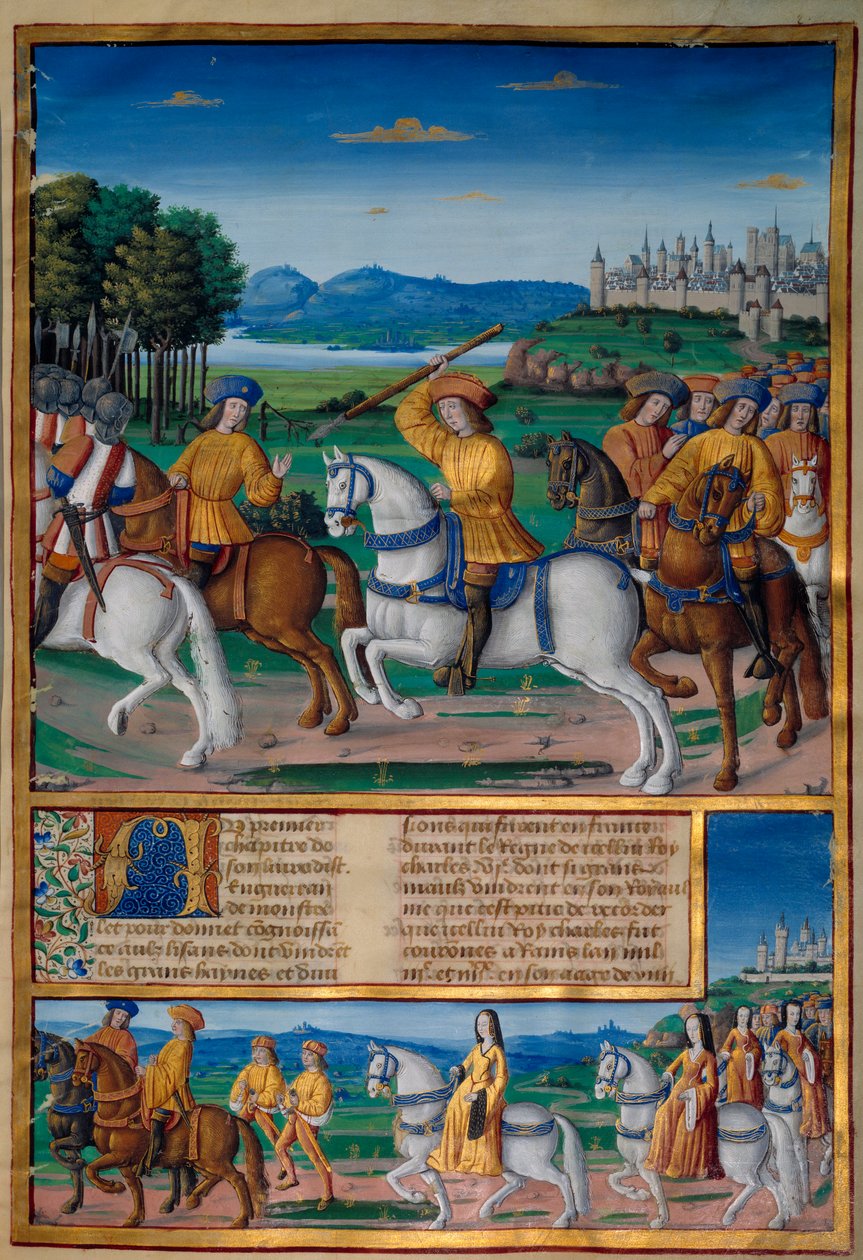 VI. Károly őrülete (1368-1422). 1392. augusztus 5-én a Le Mans-i erdőben a dühödt őrület rohamai kezdték átélni: hazaárulásért kiáltozva megtámadta saját csapatát, és megölt négy embert. Enguerrand de Monstrelet krónikái (1400. v.). alkotó: Unknown artist