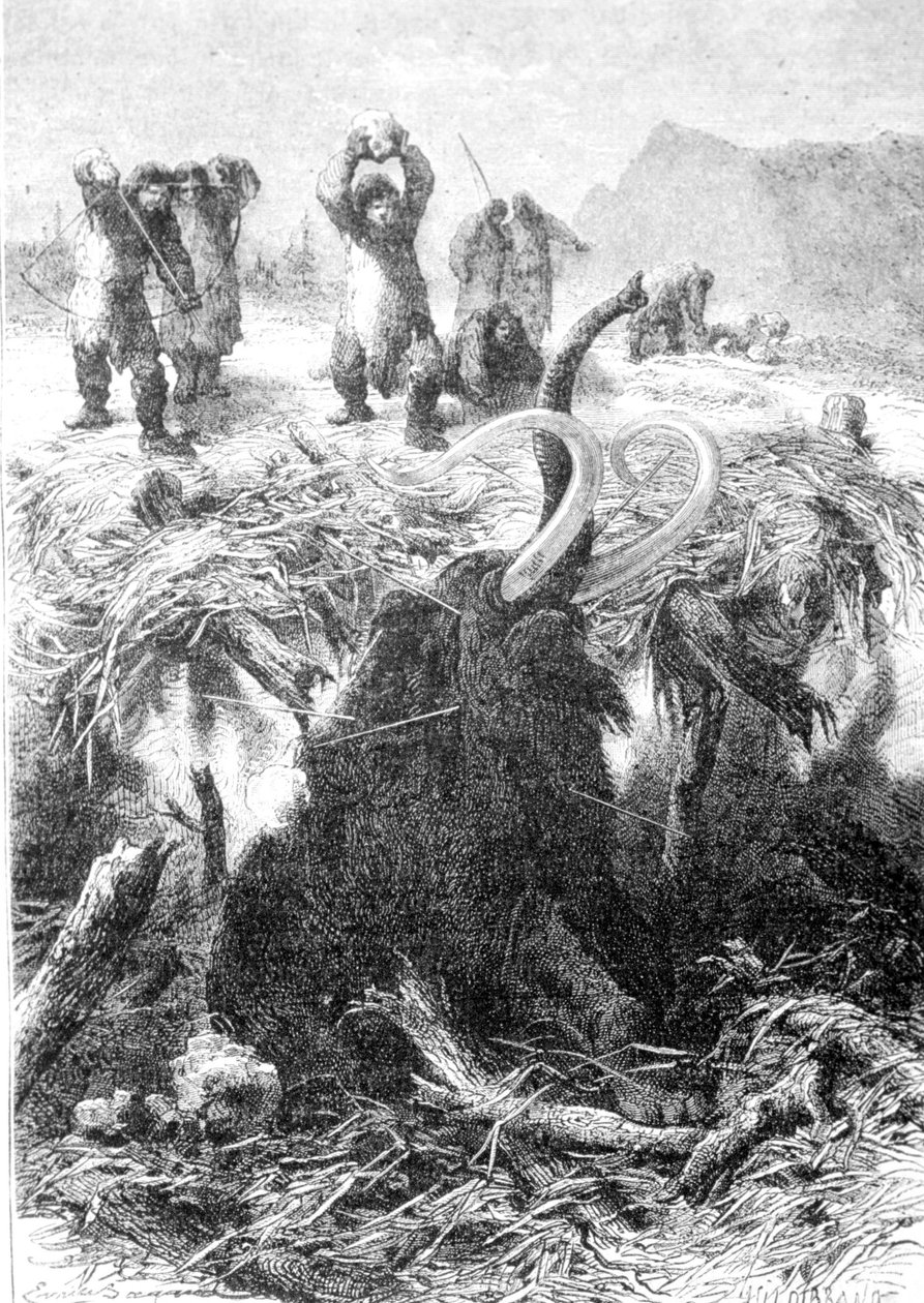 A mamutvadászat. Metszet a 19. század végéről. alkotó: Unknown artist