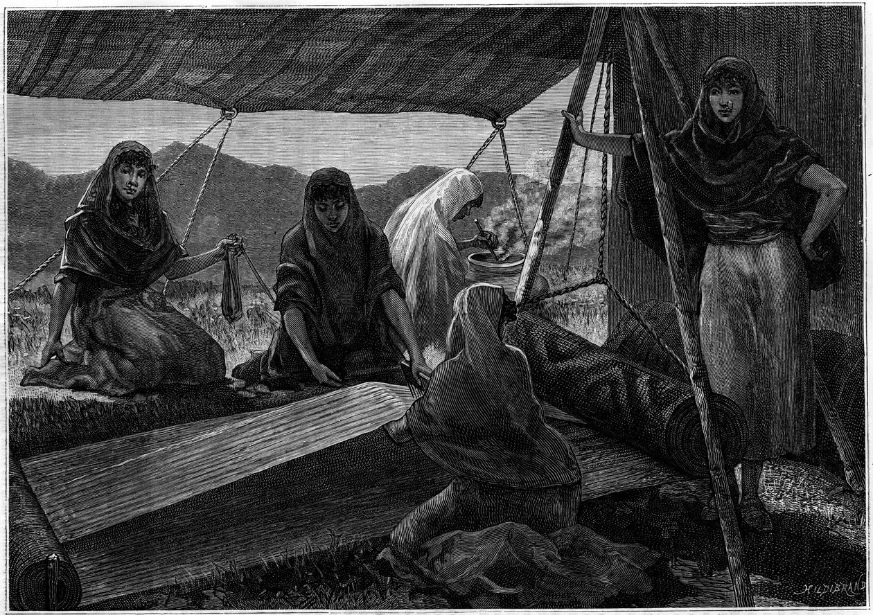 Perzsia nomád nők szőnyeggyártása. Metszet a „La jeunesse” folyóiratban alkotó: Unknown artist